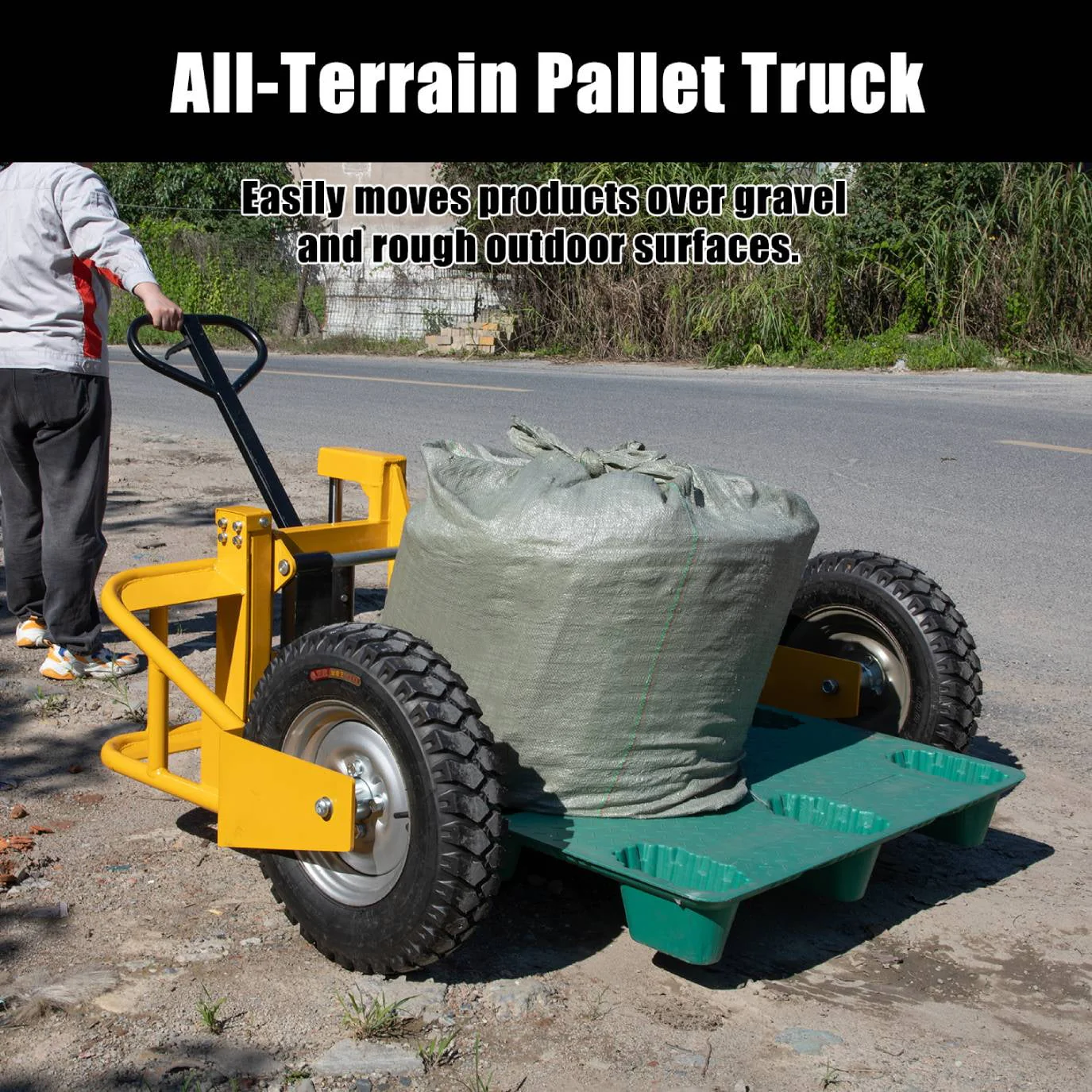 All Terrain Adjustable Manual Pallet Jack Hand Pallet Truck with Guardrail, 65.75W x 55.35D x 50.39H, 2500 lbs Cap.