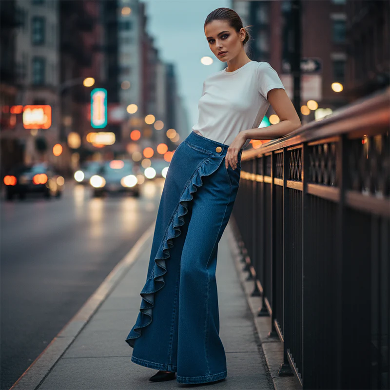 Jean large asymétrique avec volants