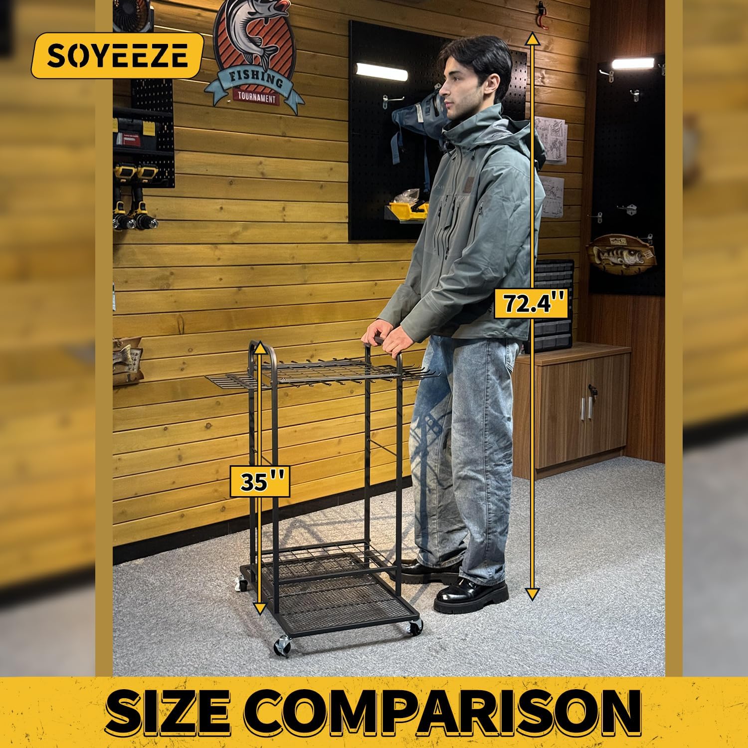 SOYEEZE Garden Tool Organizer with Lockable Wheels, Heavy Duty 3-Tier Yard Tower Tool Rack for Garage, Holds Up to 35 Long-Handled Tools, Garden Tool Cart with 12 Hooks for Tool Organization and Storage