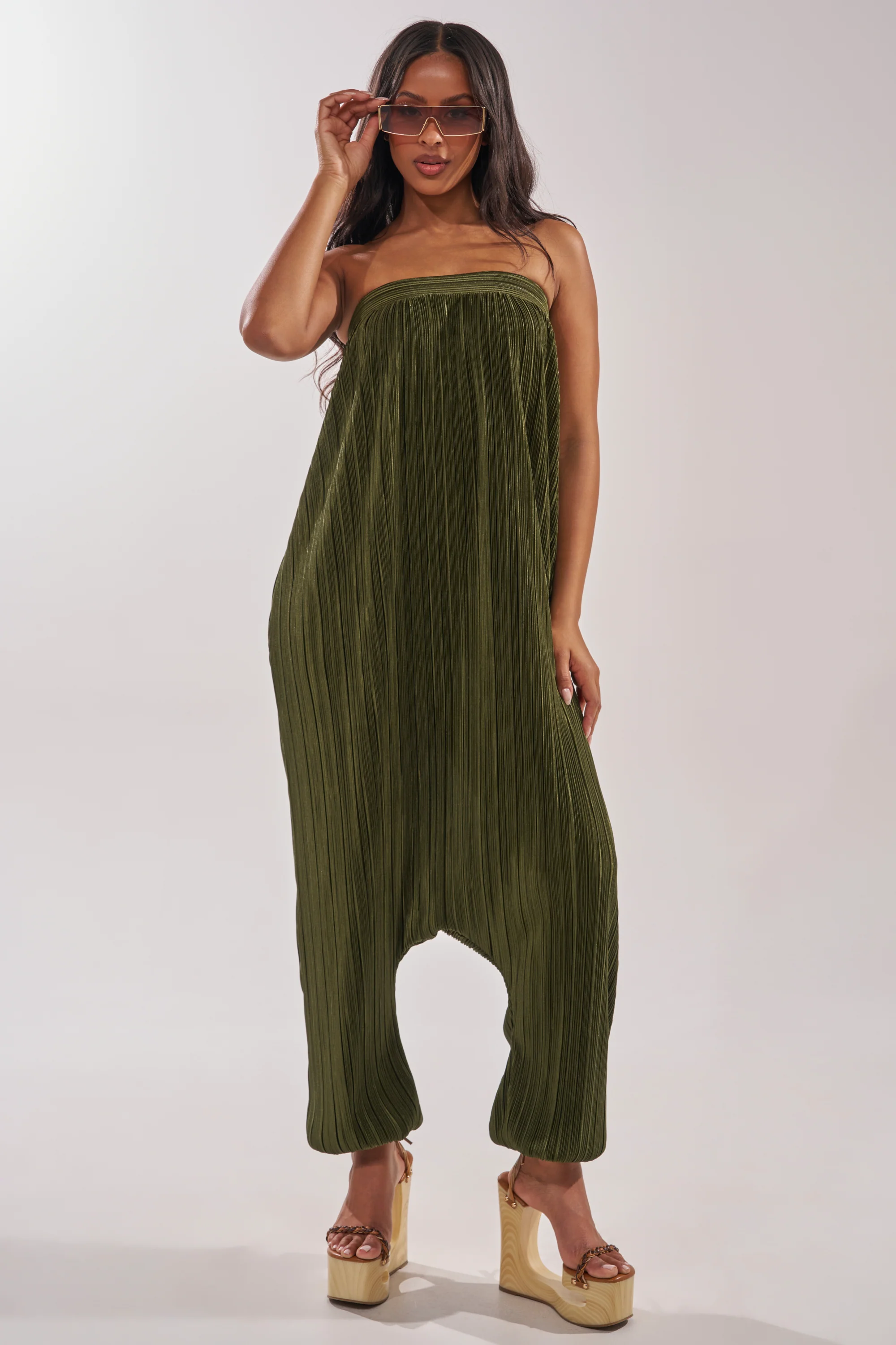 FROM THE CITY DROP CROTCH JUMPSUIT IN OLIVE - Akira Store