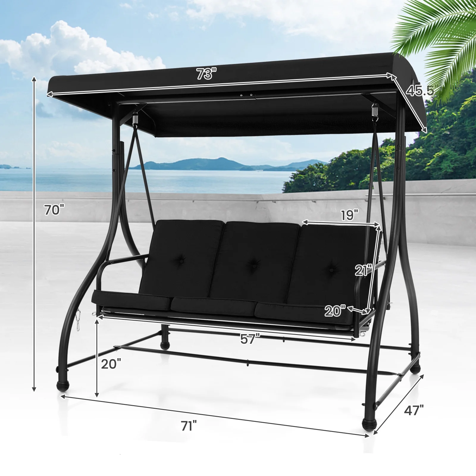 3-Seat Outdoor Converting Patio Swing Glider Adjustable Canopy Porch Swing Black(Black) - Image 4