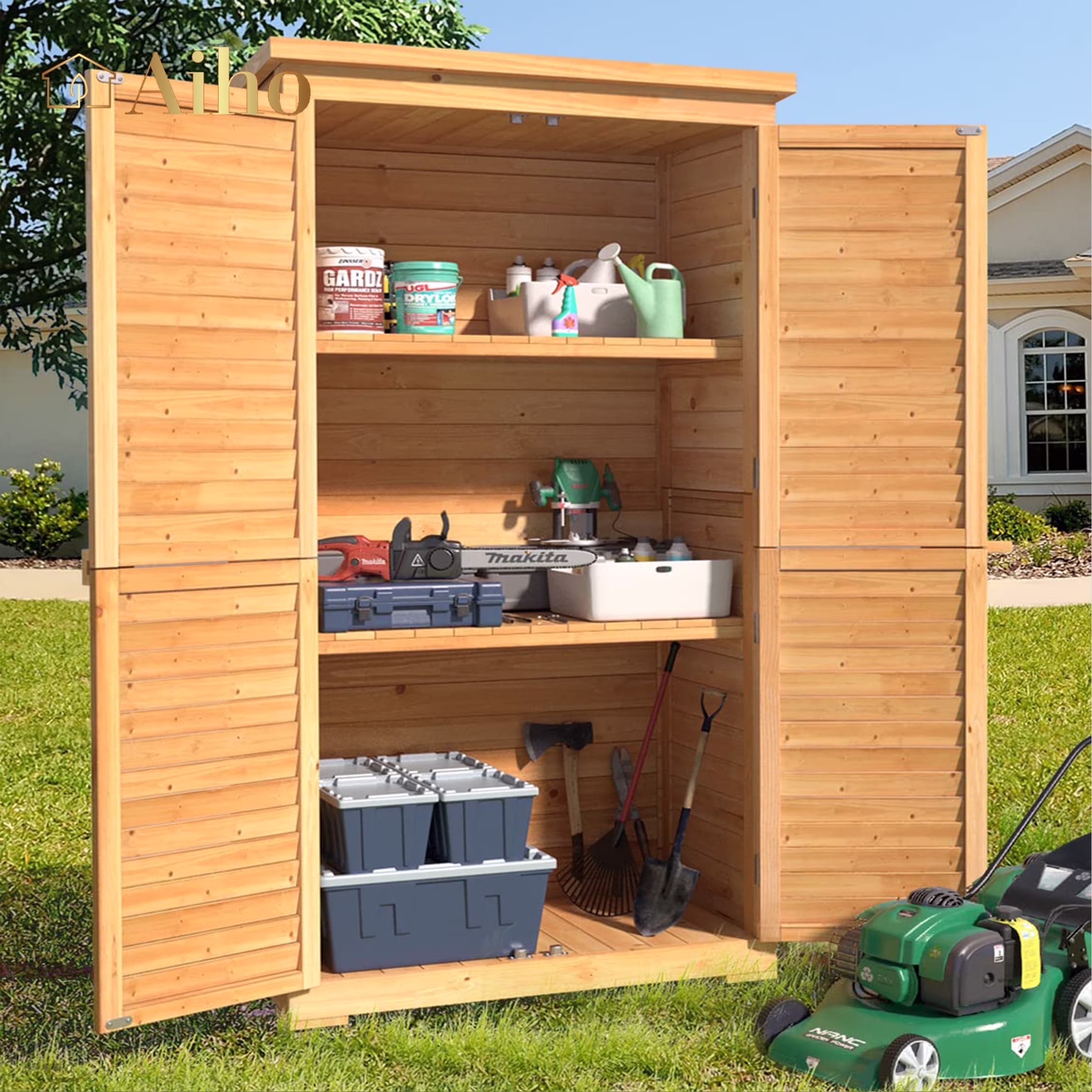 55�� Wide Outdoor Storage Shed with Lockable Double Doors Weather-Resistant Garden Shed for Patio, Backyard Lawn, Gray(55"W/Grey) - Image 3