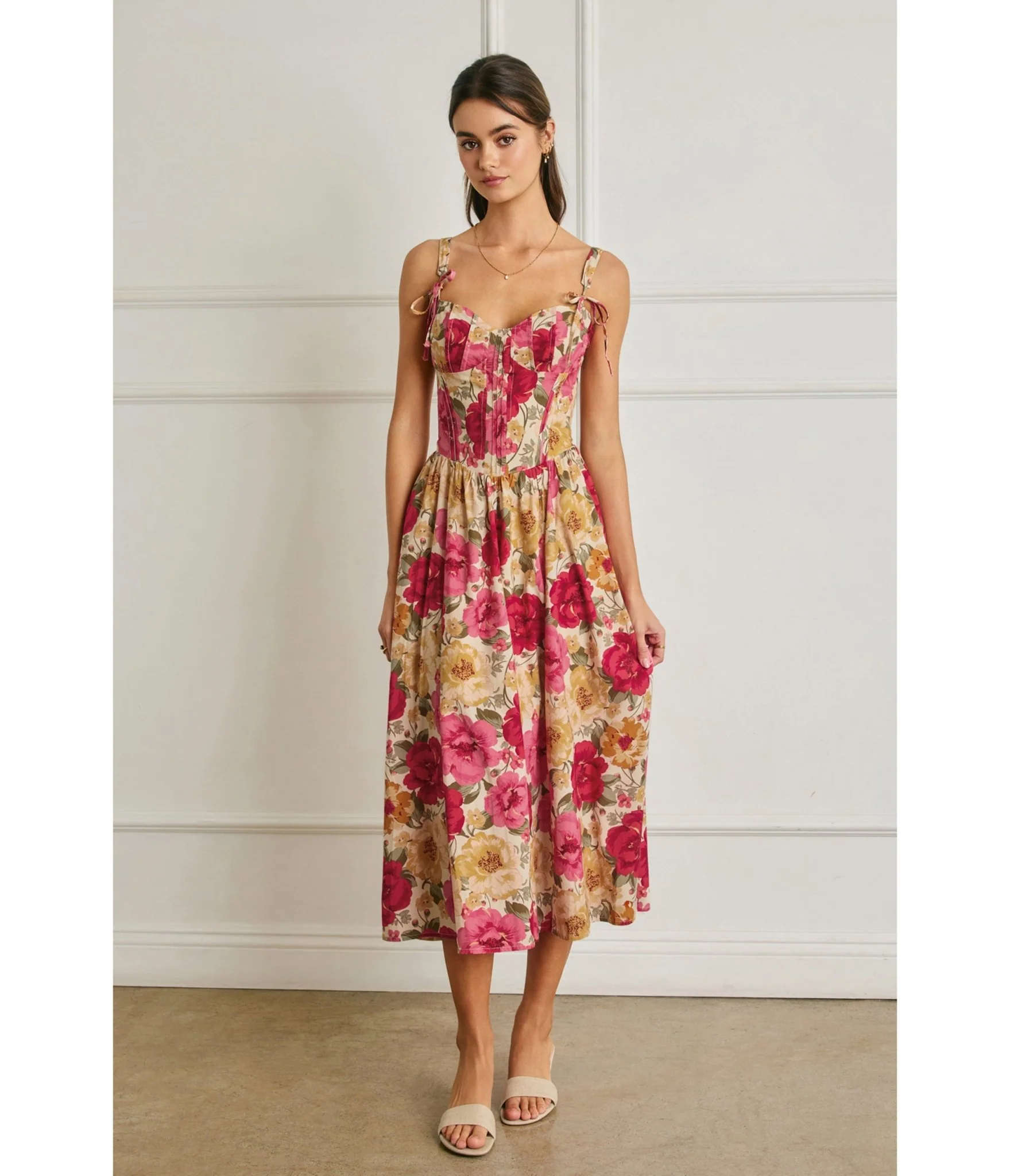 Pink Floral Tie Strap Midi Dress