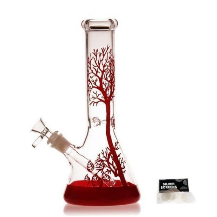 10-inch red tree beaker glass bong with ice pinch, 18mm joint and 14mm bowl on a white background