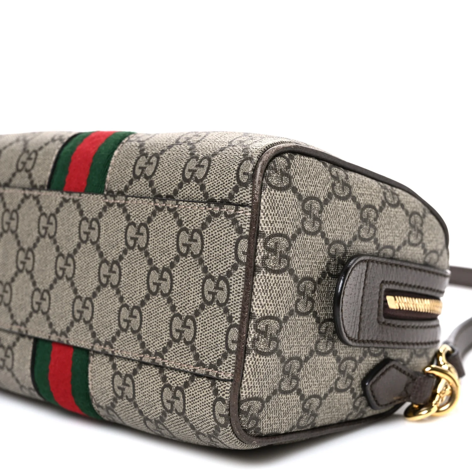 GG Supreme Monogram Textured Dollar Calfskin Web Mini Ophidia Top Handle Bag Beige Ebony New Acero