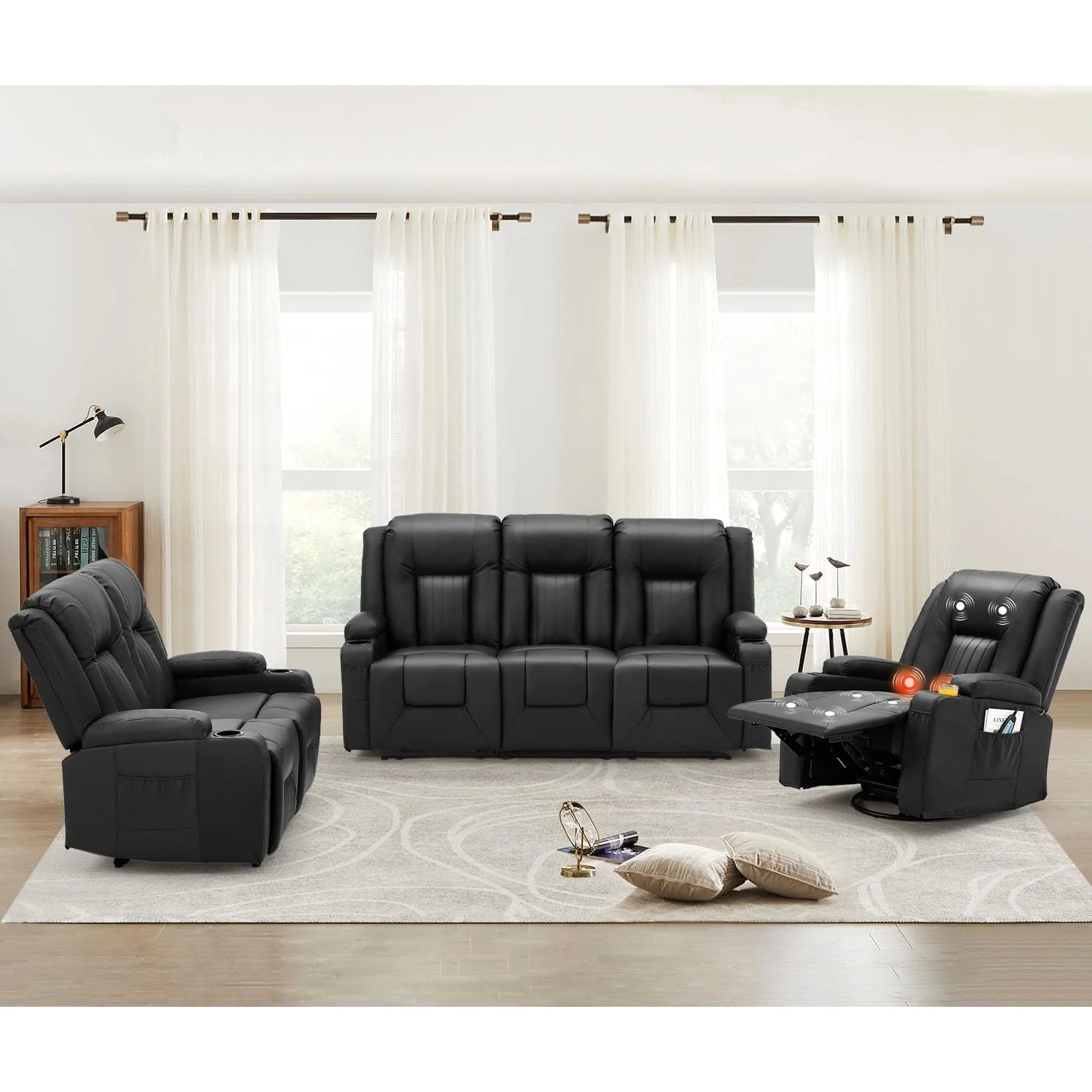AECOJOY 3 Pieces Leather Recliner Sofa Set with Swivel Massage Chair, Black