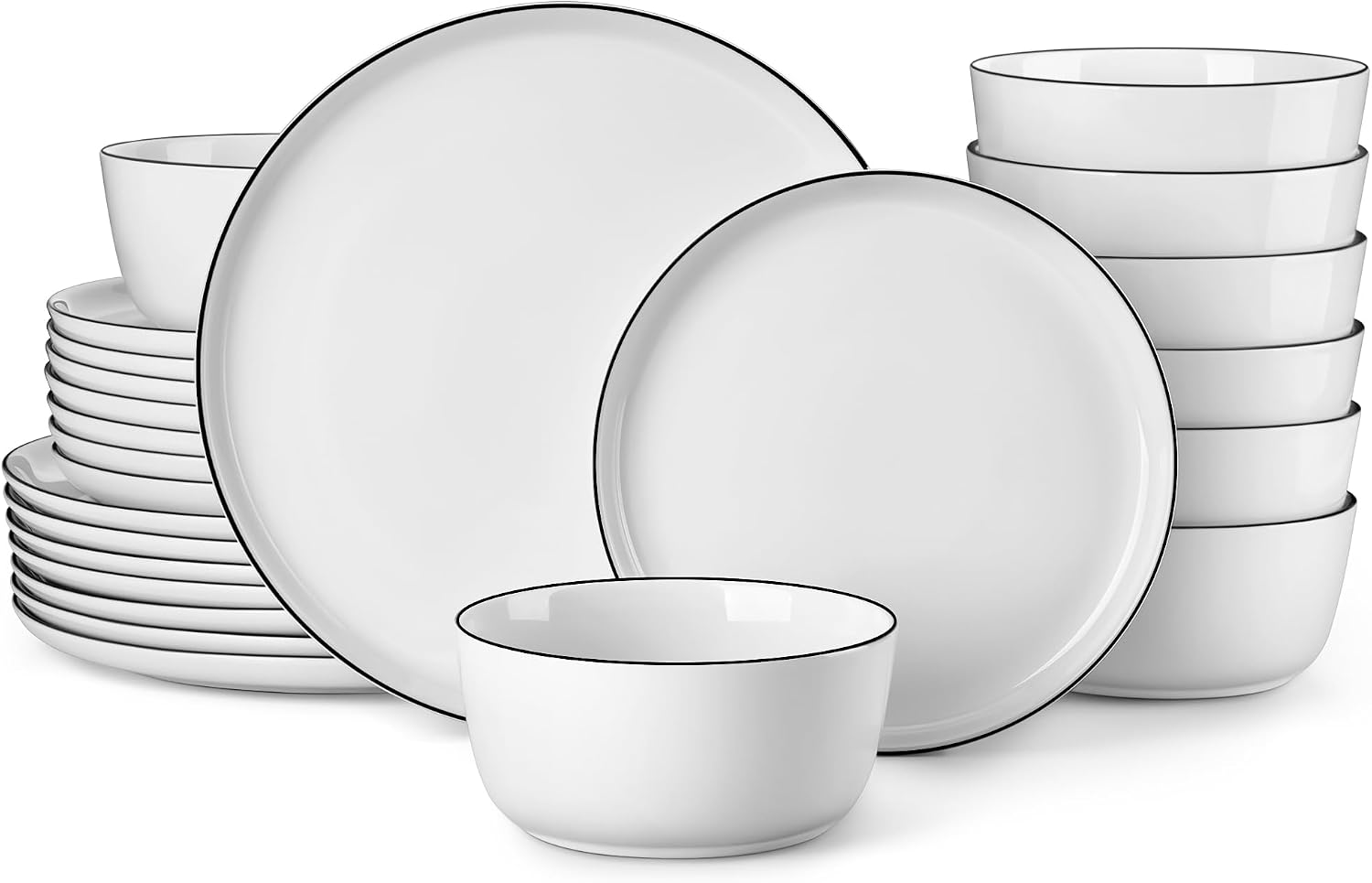 MALACASA 24-Piece Dinnerware Set for 8, White Black-Rim Porcelain Dishes