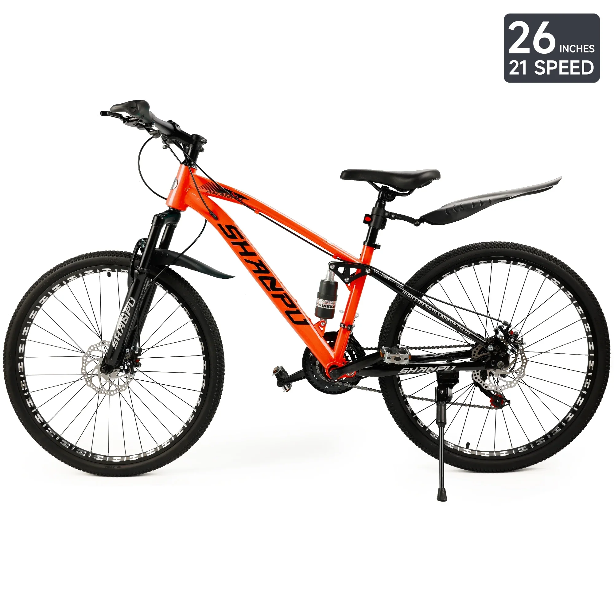 ARTUDATECH 26 Inch Wheel Full Suspension Mens Mountain Bike, Shimano 21 Speed,  Dual Disc Brake Bike for Men Womens Adult Bicycle With Bike Lock And Air Pump, orange