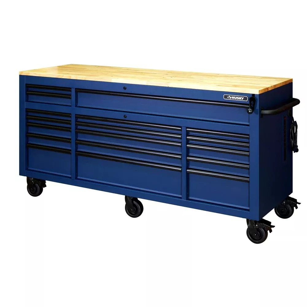 Établi mobile de 183 cm (72 po) à 18 tiroirs avec plateau en bois massif à hauteur réglable, couleur bleu mat