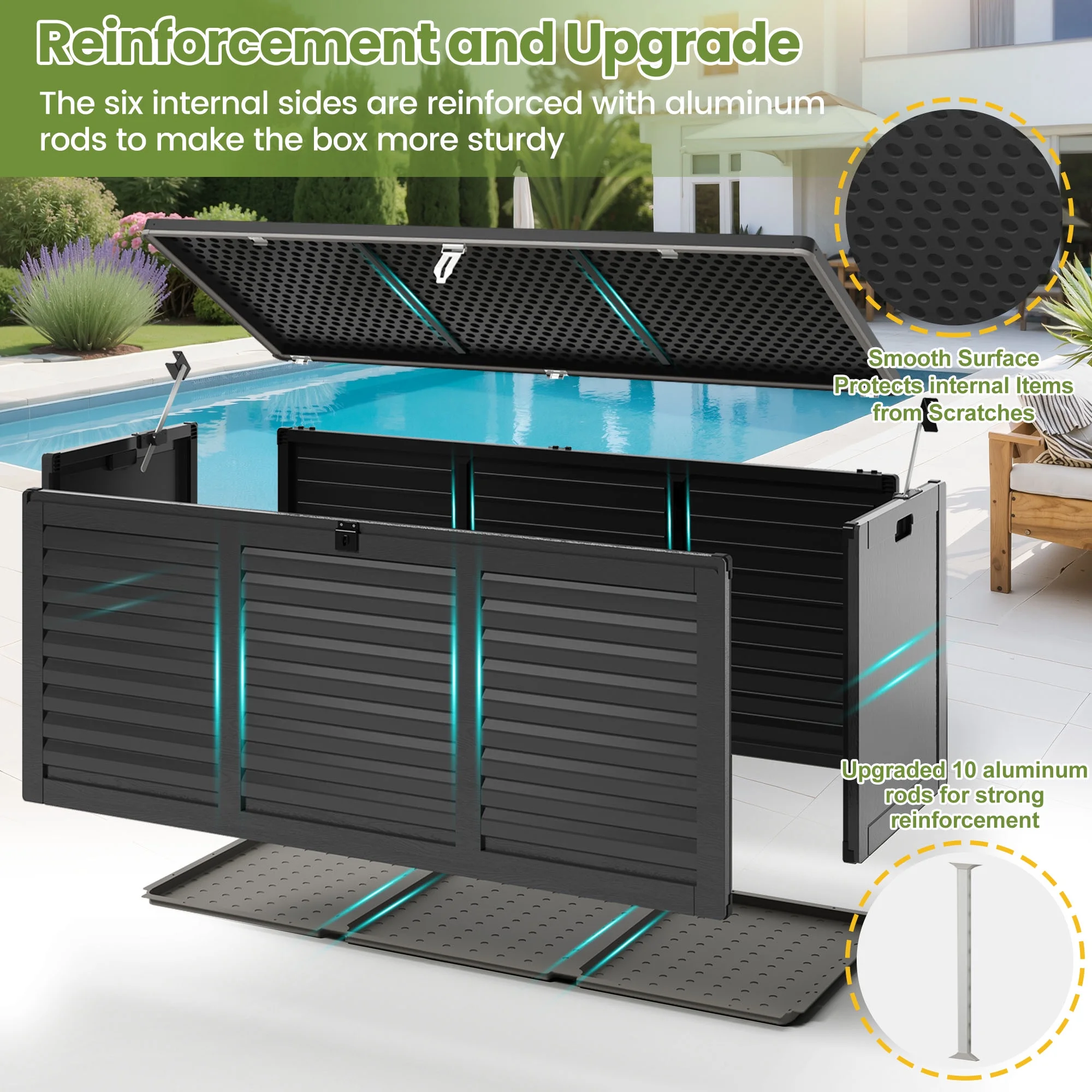 Outdoor Storage Box, 130GAL Waterproof Deck Box, Lockable Pool Patio Storage Indoor Toy Box, Outdoor Storage Bench for Porch, Max Load Weight 500LBS(130Gal-Black) - Image 6