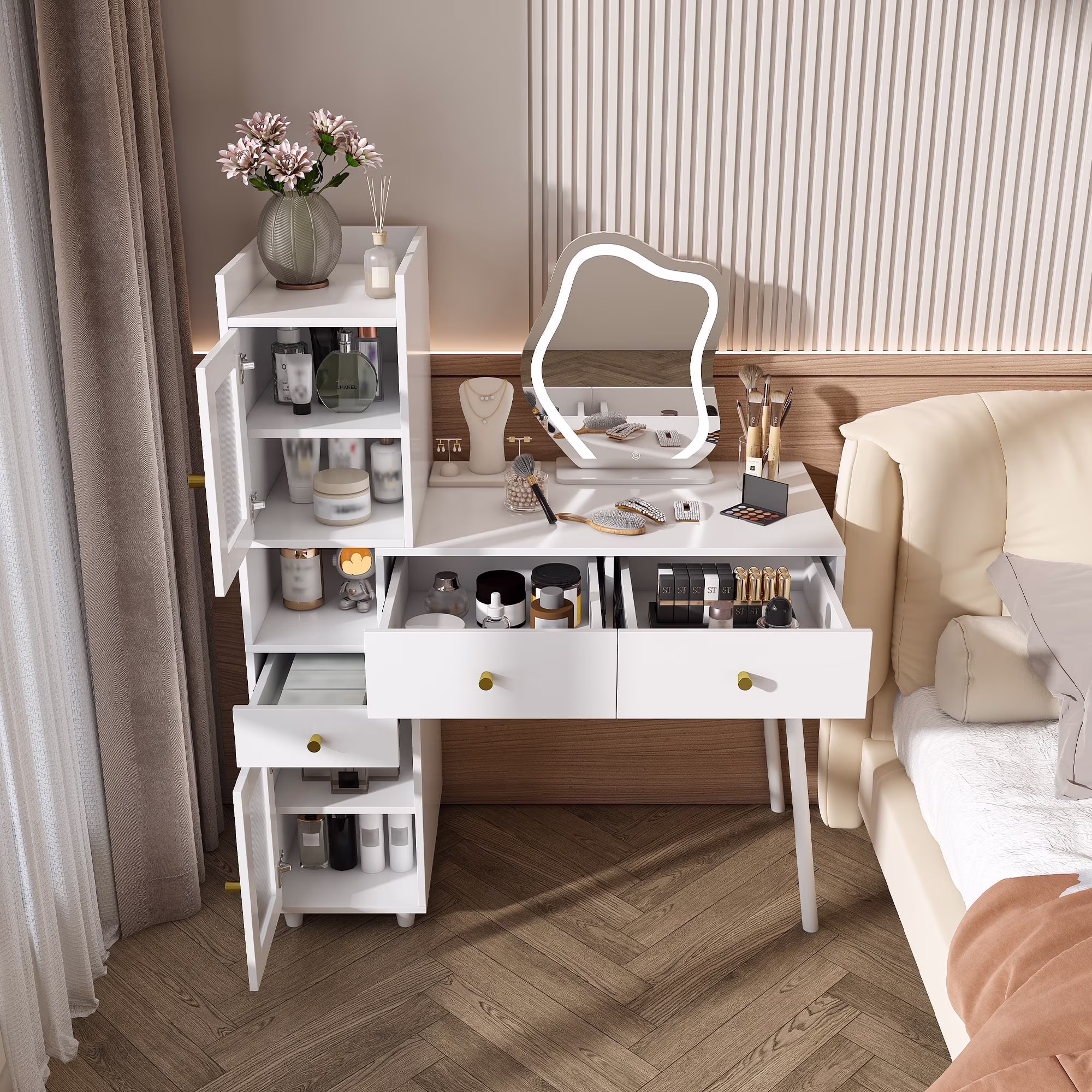 Modern Mini Vanity w/Adjustable LED Mirror + Hidden Storage, Padded Stool Dustproof Shelves (White)(White-S7) - Image 3