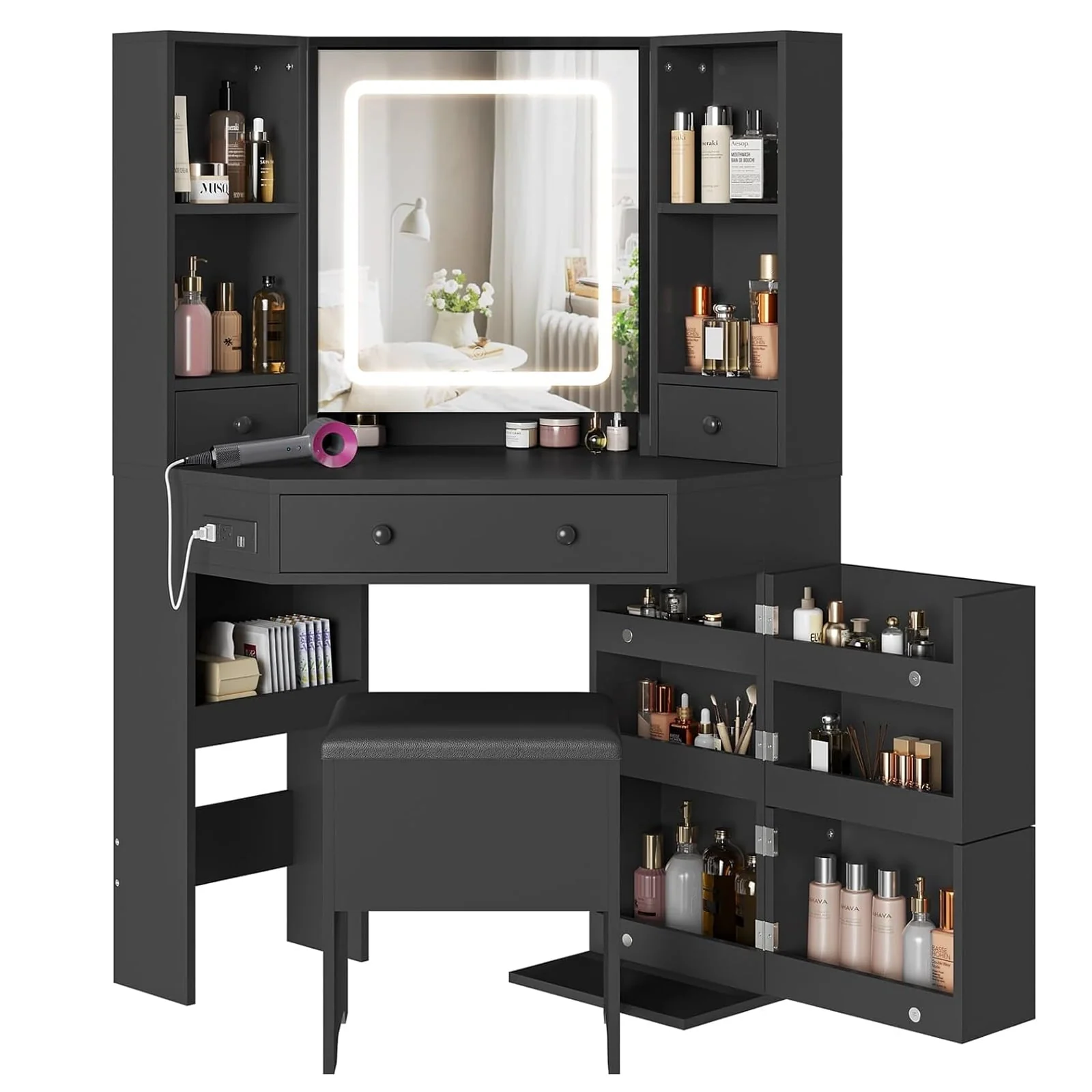 Black Vanity Set with Lights Charging Station Cushioned Stool, Modern Makeup Vanity Desk Table with Visible Drawers and Open Storage Shelves for Women Girls(Black) - Image 3