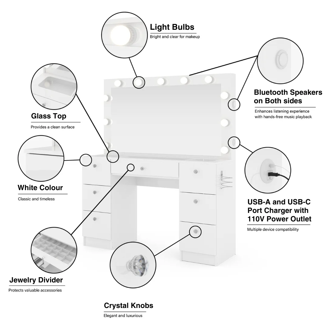 Ibbie White Makeup Vanity with Glass Top, Lights, Charging Station(White) - Image 5