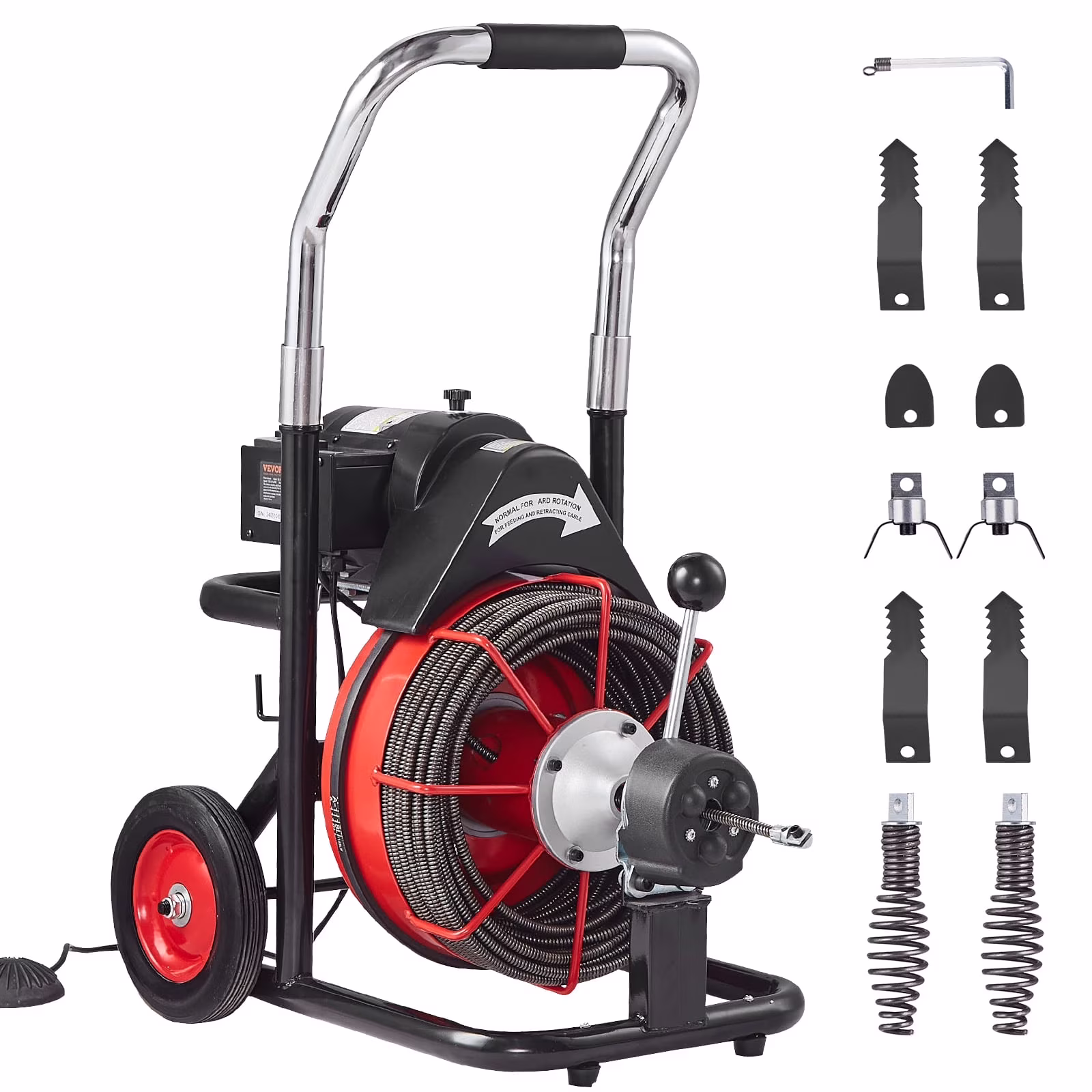 VEVOR Drain Cleaner Machine 100FT x 3/8 in, Auto Feed Sewer Snake Auger on Wheels, 370W Portable Drain Cleaning Machine with 8 Cutters & Air - Activated Foot Switch for 2