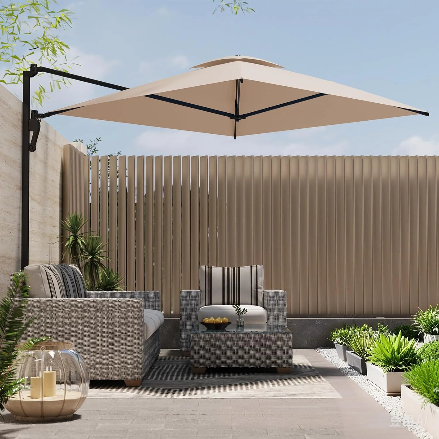 AECOJOY 10ft Cantilever Patio Umbrella, Large Rectangle Umbrella 180° Rotation Offset, Beige