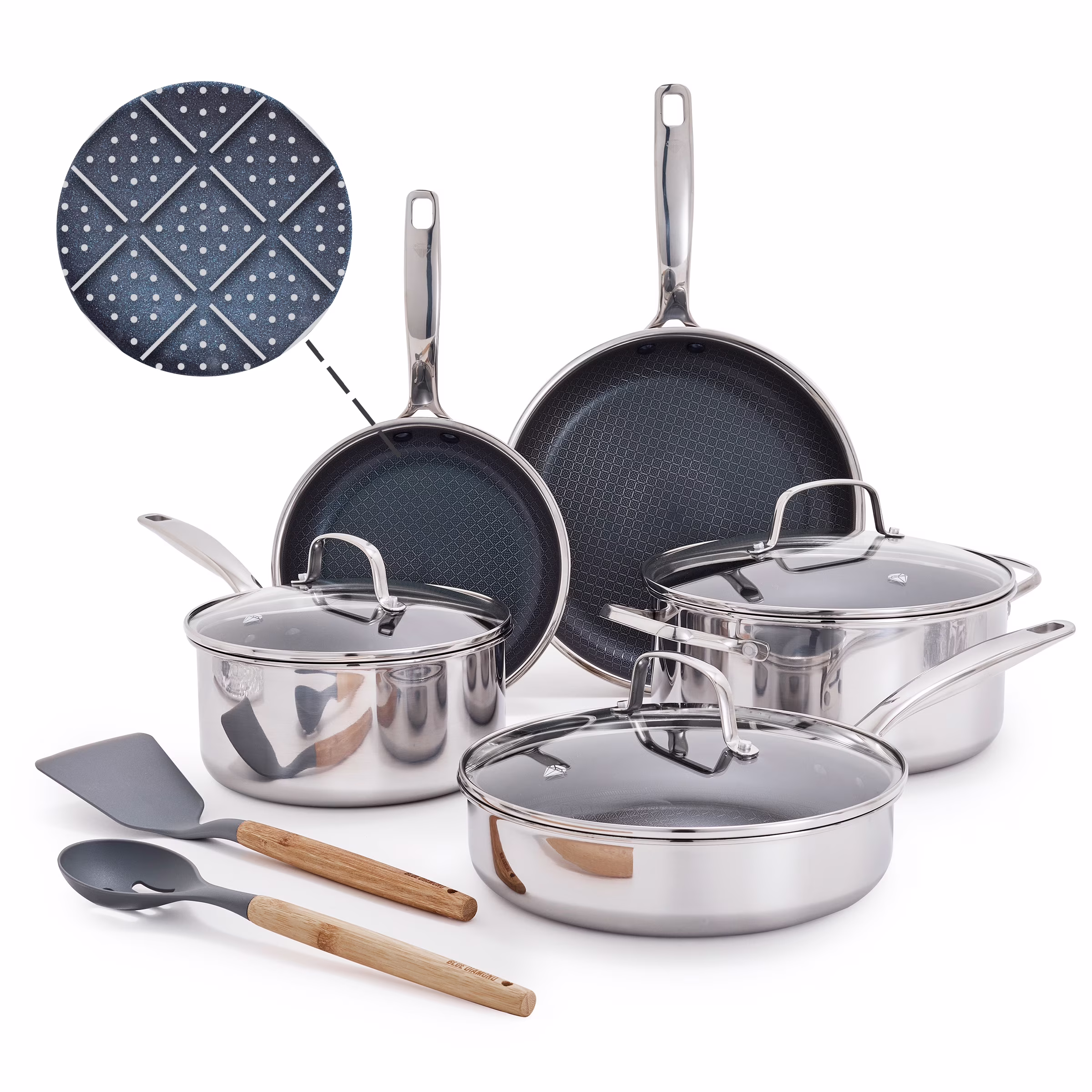 Blue Diamond 10 - Piece Diamond - Bond Hybrid Ceramic Nonstick Stainless Steel Cookware Set, Dishwasher Safe