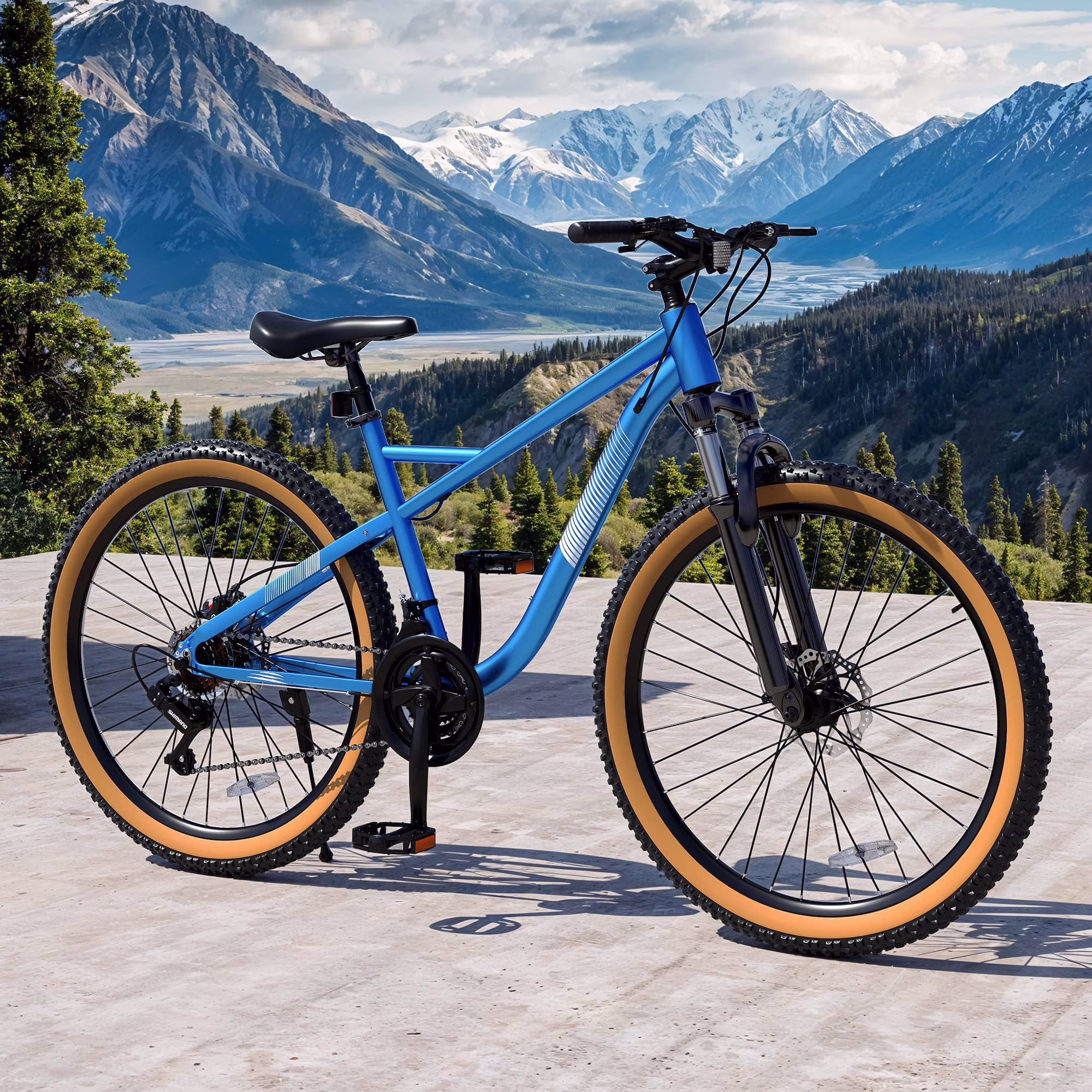 ModFusion 26-Inch Aluminum Alloy Mountain Bike, 21-Speed, Disc Brakes, Black with Brown Tires, 85% Assembled