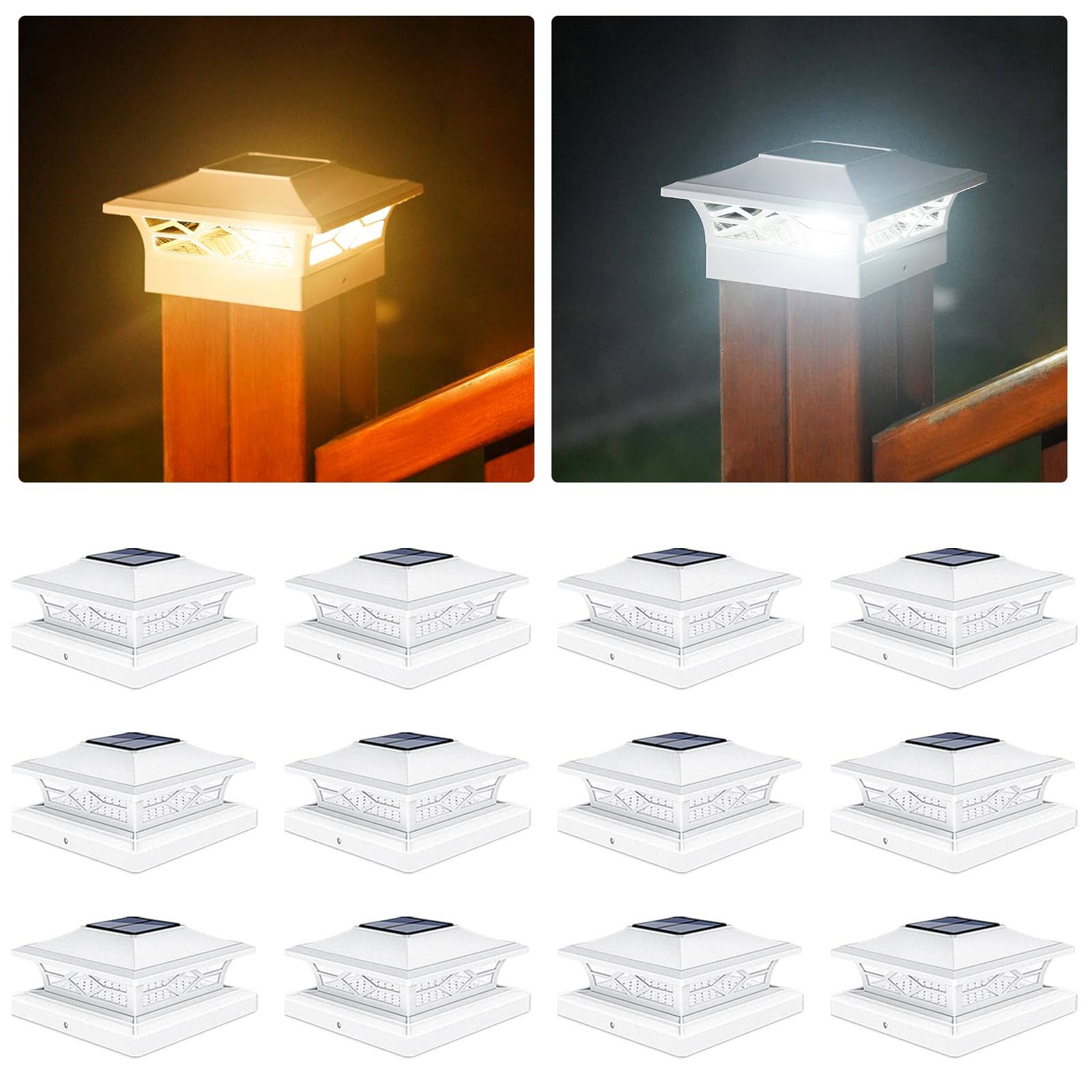 VOLISUN Solar Post Cap Lights,12Pack Outdoor Fence Post Cap Lights,Vinyl Fence Post Solar Lights White/Black Solar Powered Deck Post Lights for Dock
