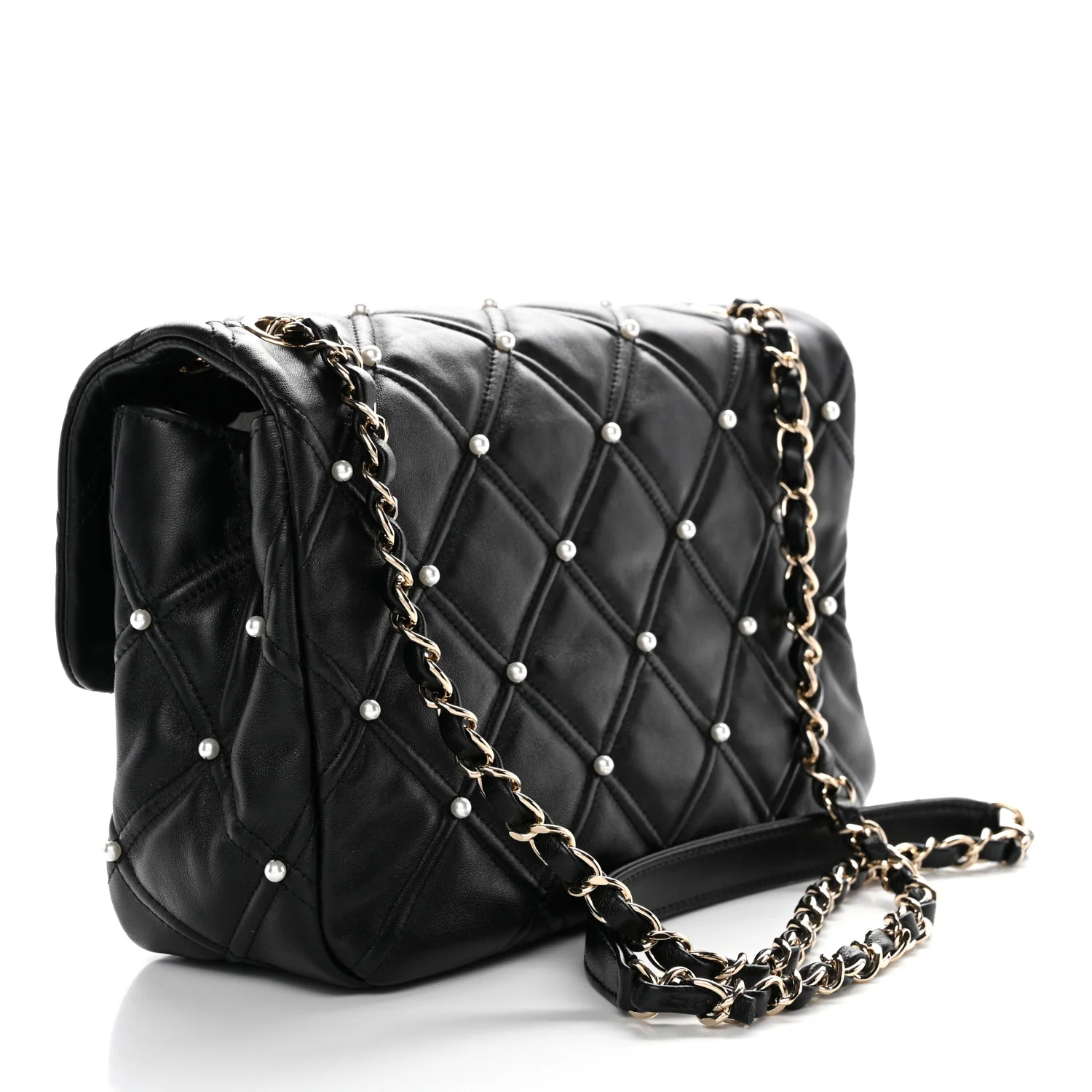 Lambskin Quilted Pearl Studded Flap Black
