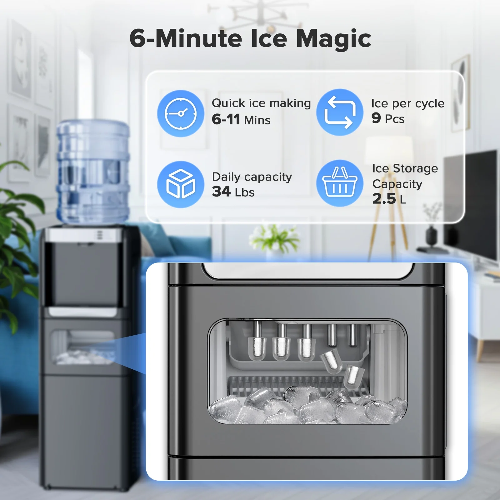 2-5 Gallon Water Dispenser 6-Min Ice Maker, 3-in-1 Hot/Cold/Ice, Child Lock Energy-efficient, for Home/Office, Black(Black) - Image 4