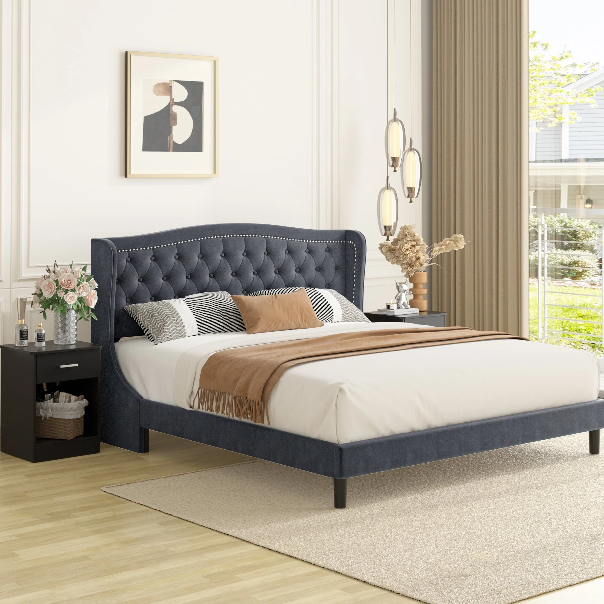 Homfa King Size Bed Frame, 6.3" H Modern Bed Frame with Wing-Back Button Tufted Upholstered Headboard Solid Wood Slats for Bedroom, Dark Gray(Full/Beige)