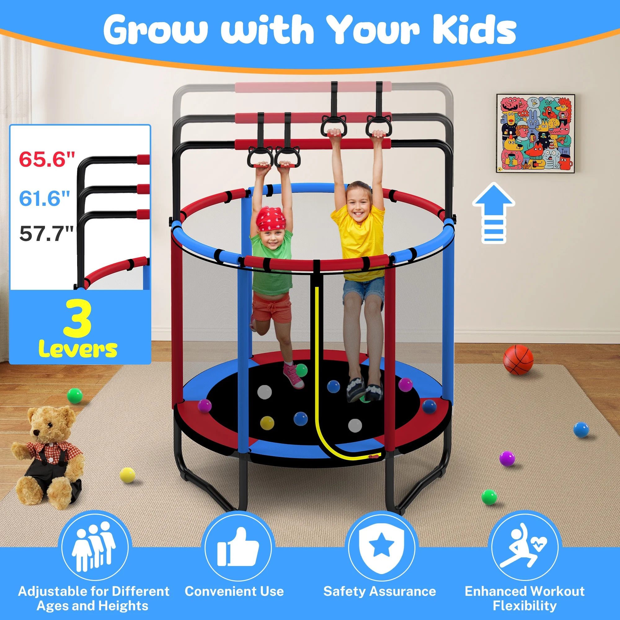 Mini Round Trampoline for Kids with Basketball Hoop, 55'' Indoor Outdoor Toddler Trampoline with Enclosure Net, Swing, Sandbag, Ring, Ocean Balls, Small Trampoline Gift for Boys Girls, Blue(Blue,Red) - Image 10