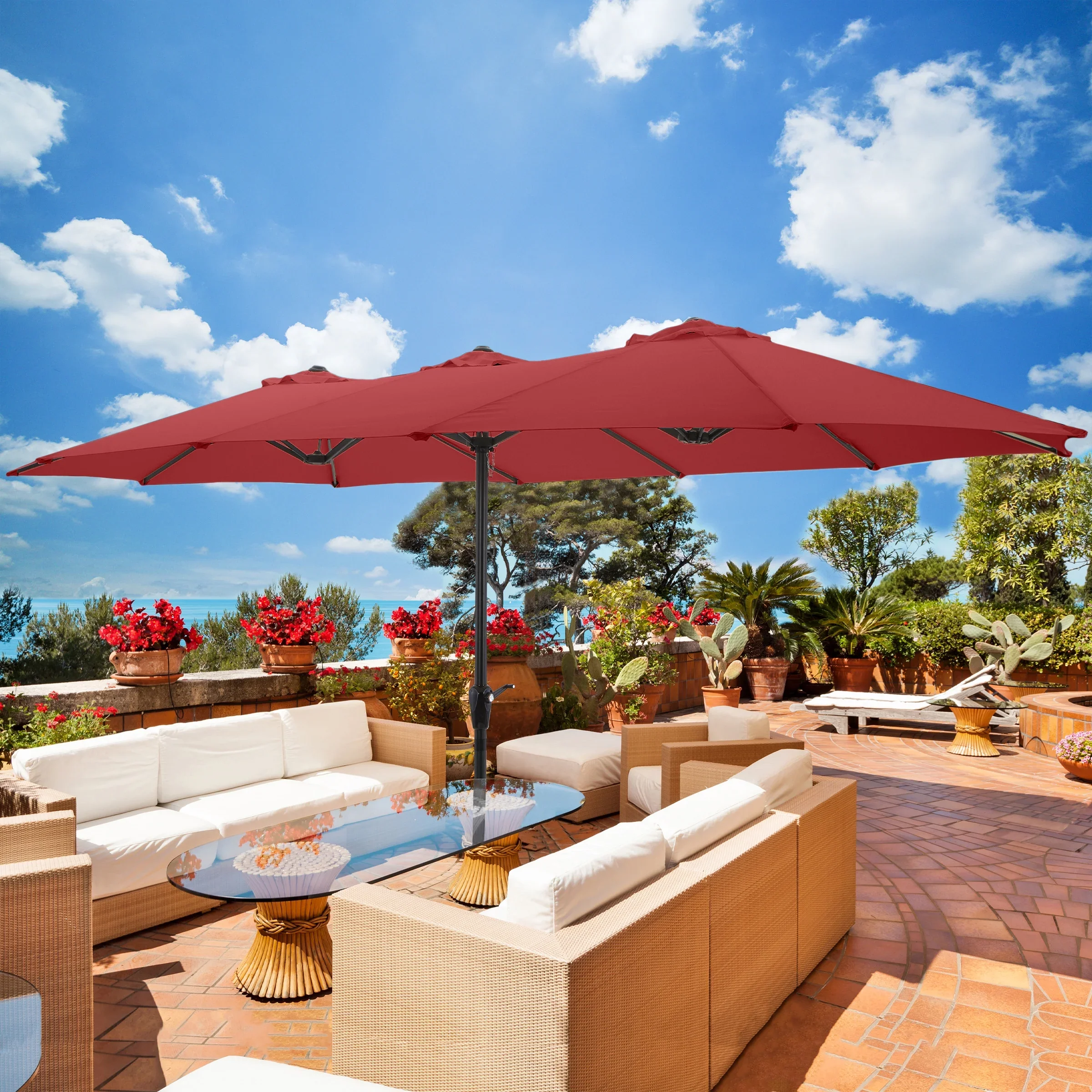 Pure Garden 15 Ft Double Patio Umbrella �?XL Sunshade with Hand Crank, Beige