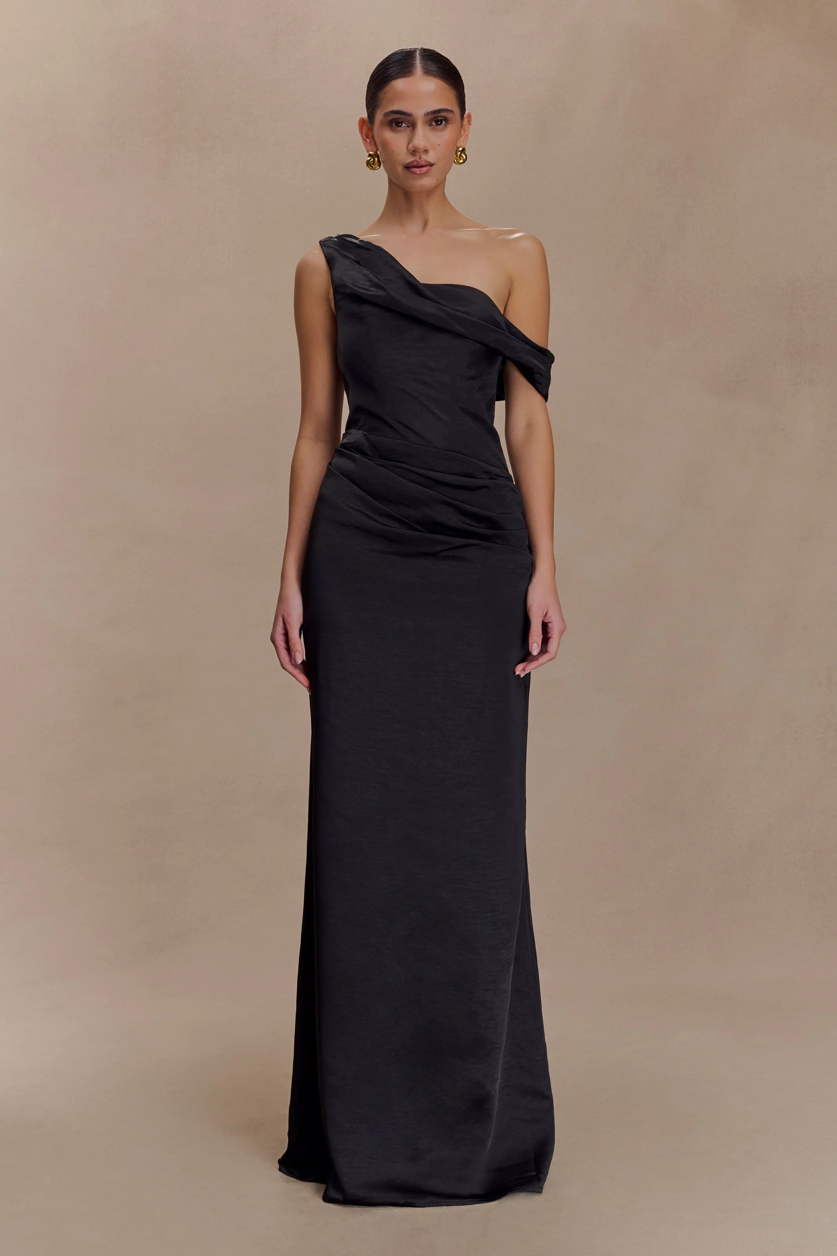 Dalia Off Shoulder Satin Maxi Dress - Black