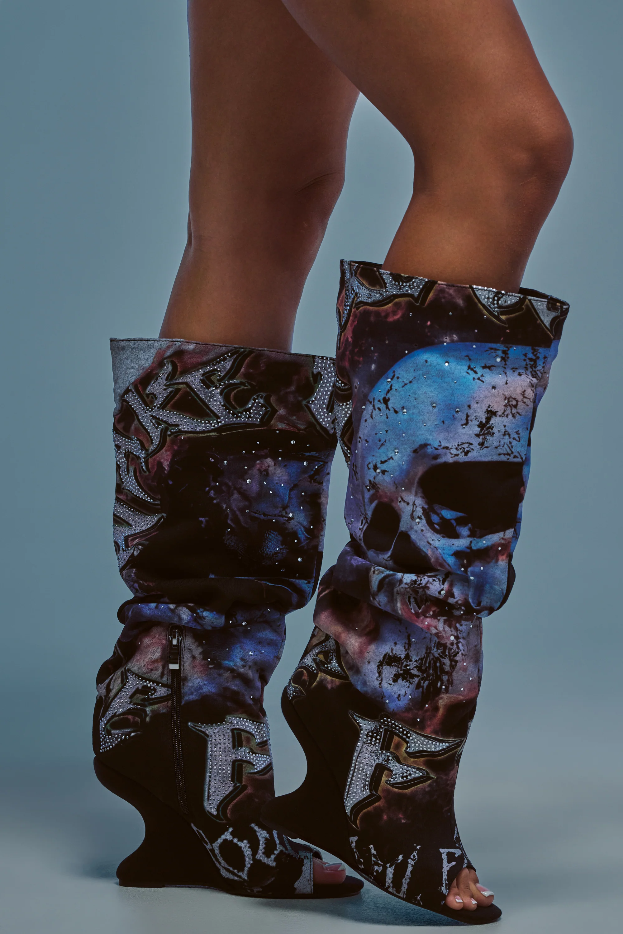 AKIRA GOLD NINE LIVES GRAPHIC OPEN TOE WEDGE BOOT - Akira Store