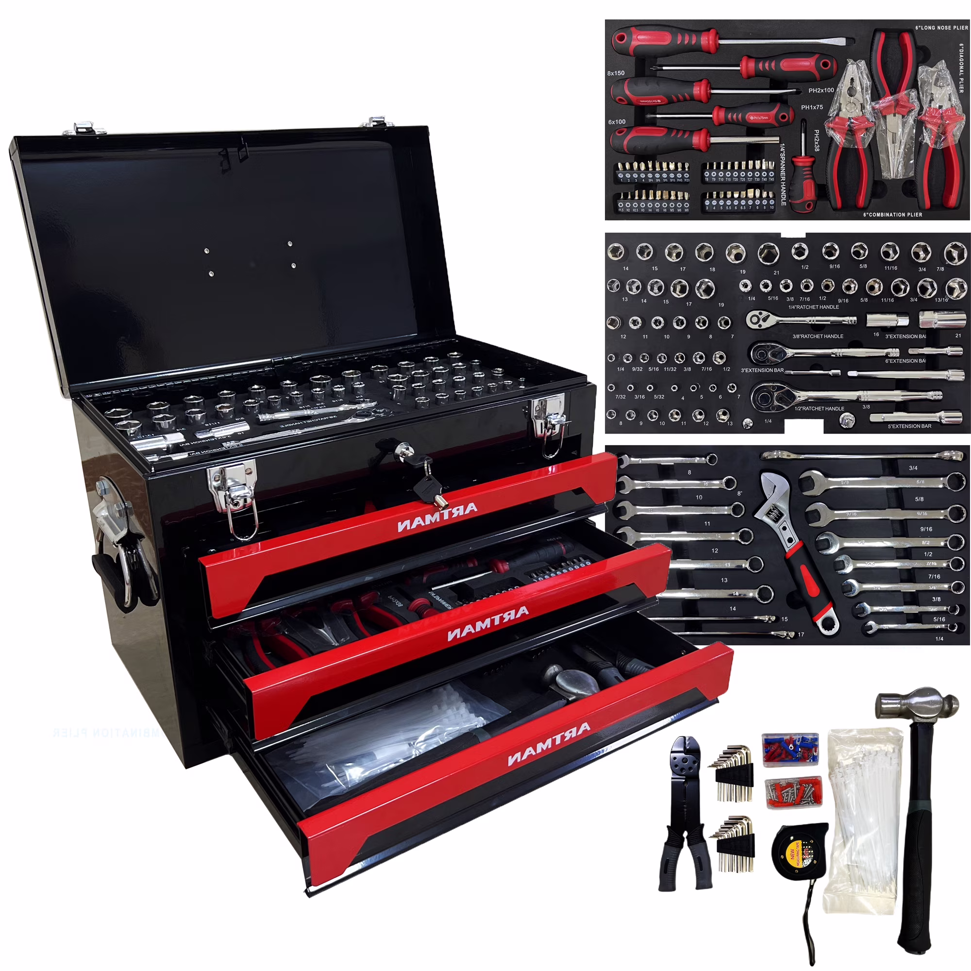 Tool Set 439pcs with 3 Drawers Tool Box Organizer, Mechanic Tool Set for Home, Tool Box Set 4-Tier Socket Wrench Ratchet Plier Nails, Home Tool Set Mechanics Kit for Adults Man Handyman, Red(Red)