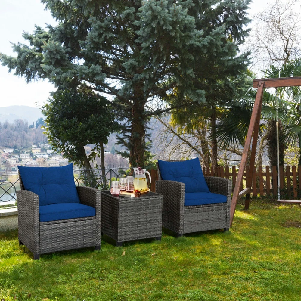 Outdoor Seating Sets,Garden Conversation Sets,3 Pieces Outdoor Wicker Conversation Set with Tempered Glass Tabletop-Navy - Image 3