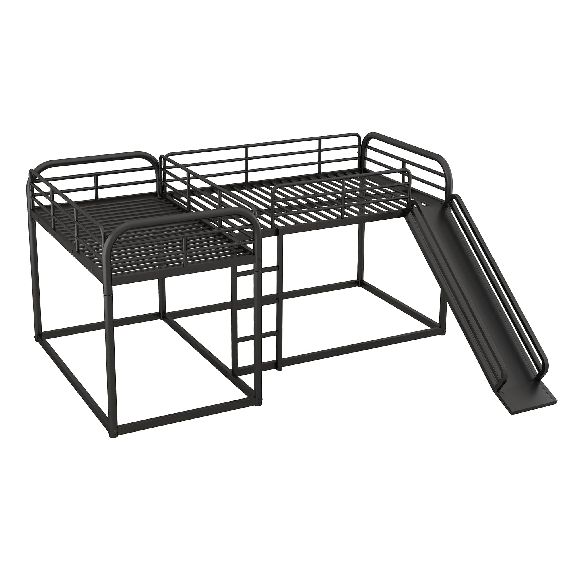 Full and Twin Size L Shaped Quadruple Metal Bunk Bed with Slide for Kids, Black Image 9