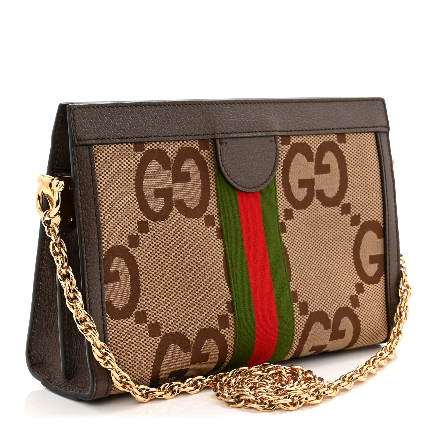 Monogram Jumbo GG Textured Dollar Calfskin Web Small Ophidia Chain Shoulder Bag Camel Ebony New Acero
