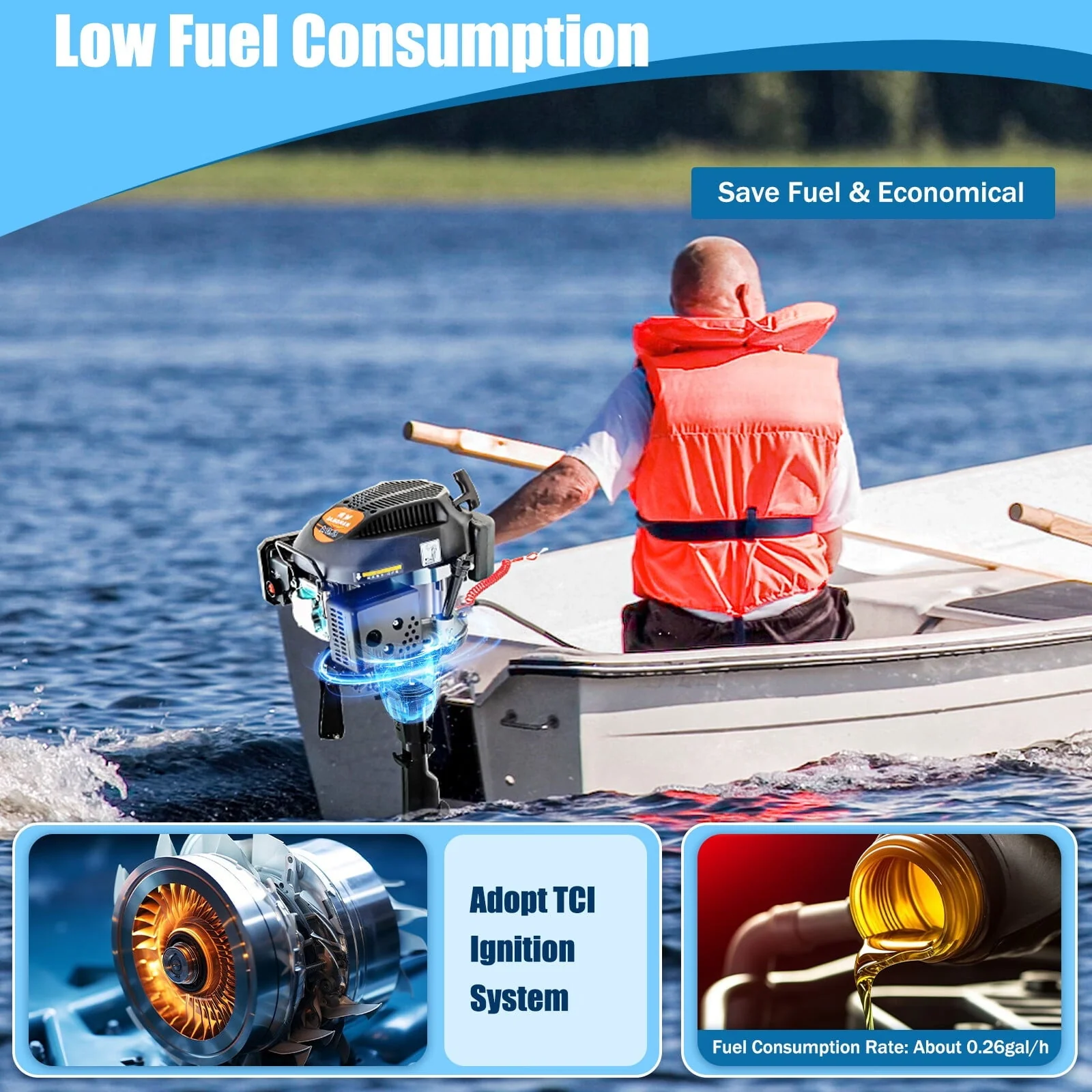 6HP 4 Stroke 140CC Outboard Motor Heavy Duty Inflatable Fishing Boat Gasoline Engine Manual Start TCI Air Cooling System 4500 5500Rpm(Joystick Length 15 35in) Image 9