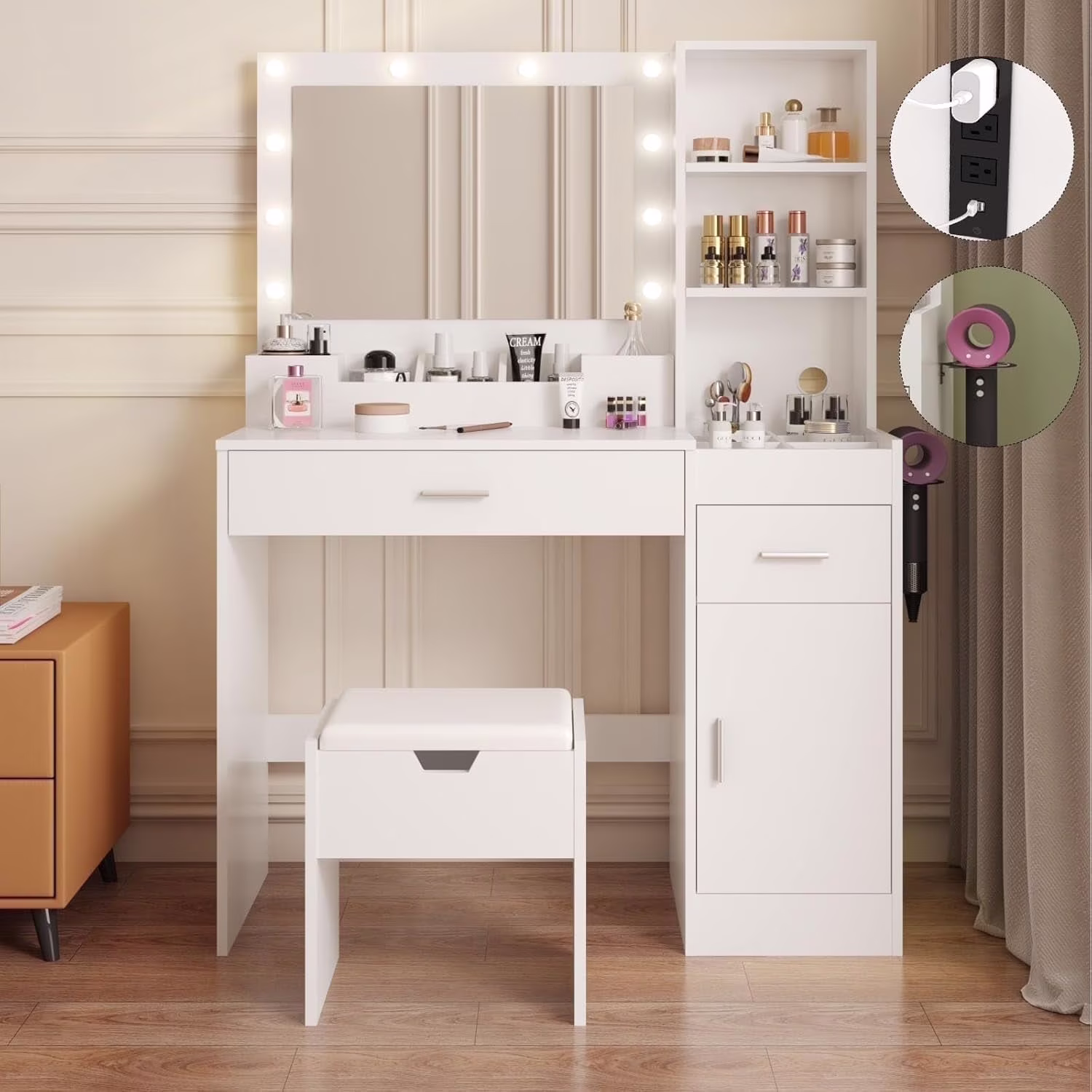Vanity Table Set with Mirrors and Adjustable Lights,Makeup vanity With Power Outlet for Bedroom Dressing Room,White(White)