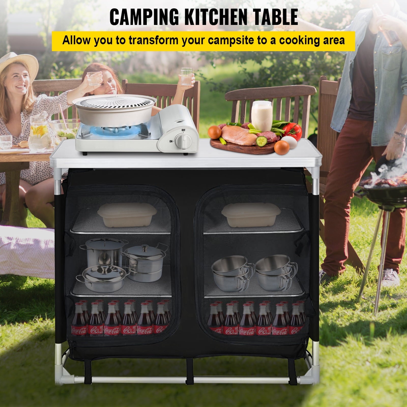 Camping Kitchen Station. Aluminum Portable Folding Cook Table with Storage Organizer and Carrying Bag. Quick Installation for Outdoor BBQ Party Backyards and Tailgating. Black