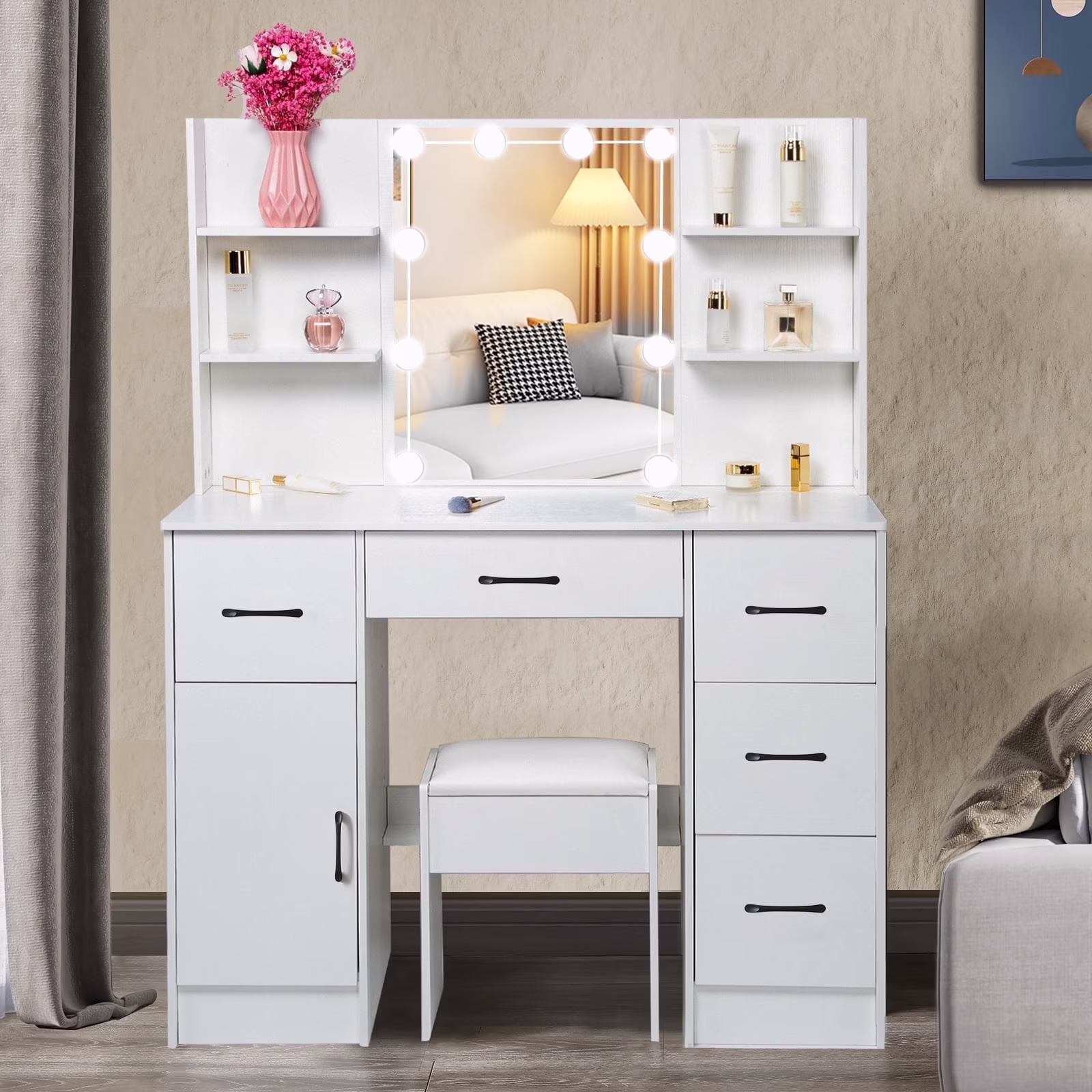Yamissi Makeup Vanity with 3 Color Lights, Vanity Desk with Sliding Mirror, Vanity Set Makeup Table, Storage Drawers and Shelves, White