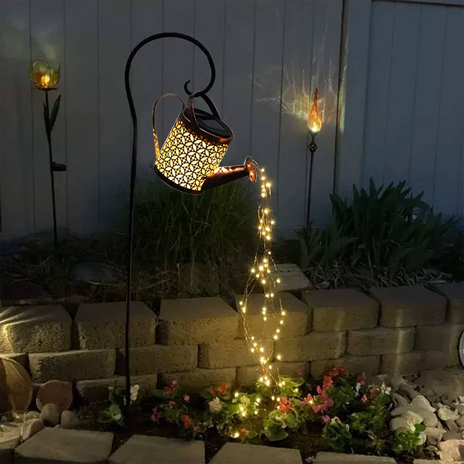 Auhafaly Garden Shower Light Solar Powered Watering Can with Lights Star Light LED Outdoor String Fairy Lights Waterfall with Bracket for Home Path