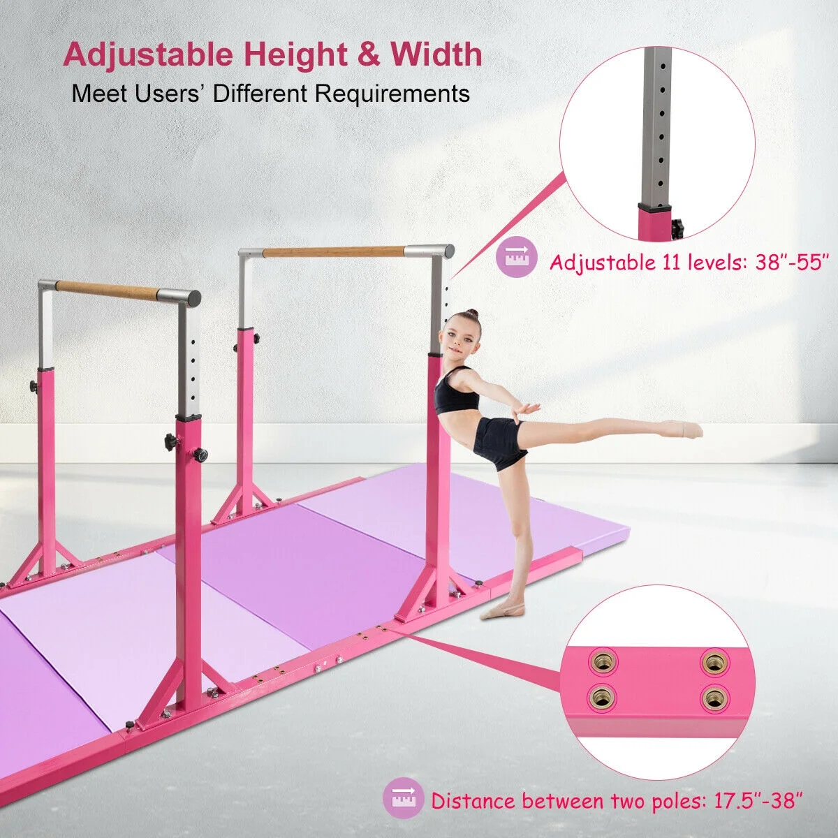 Kids Gymnastics Parallel Bars Double Horizontal Bars Adjustable Width Height - Image 6