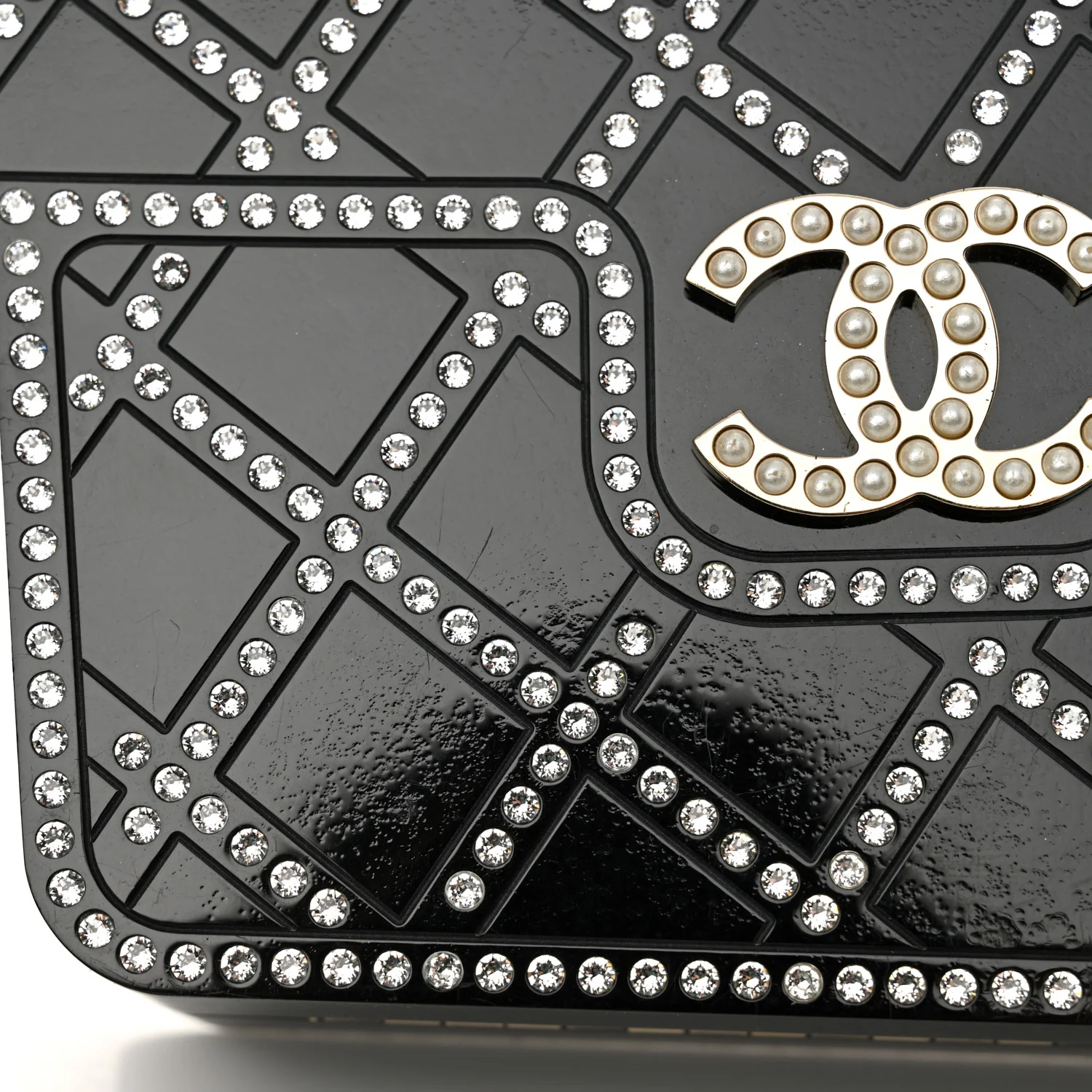 Plexiglass Crystal Quilted Minaudiere Clutch Black White