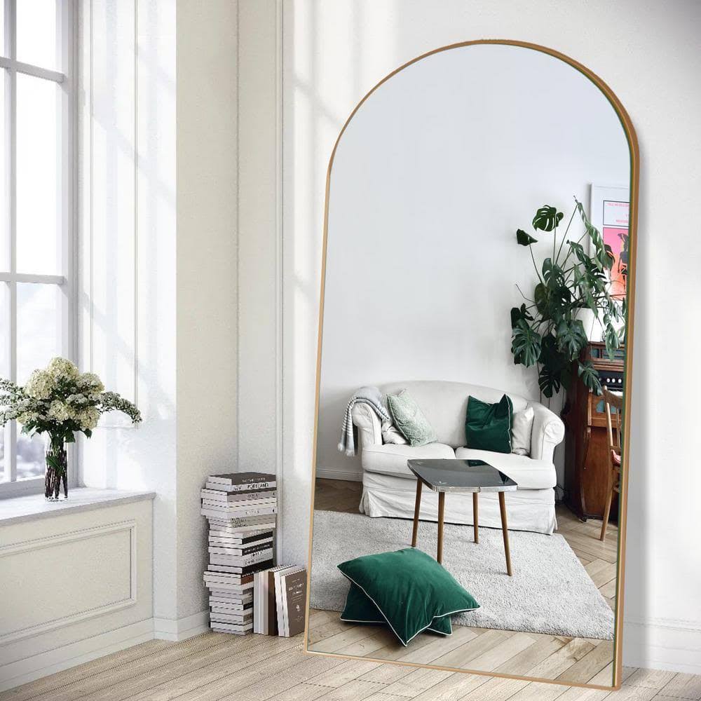 GOGEXX 32 in. W x 71 in. H Oversized Arch Full Length Gold Wall Mounted/Standing Mirror Floor Mirror