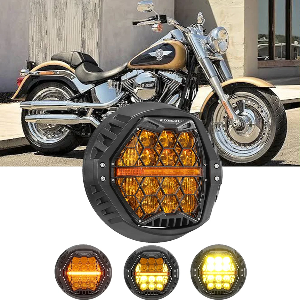 7 Inch 120W DOT Motorcycle LED Headlight Assembly with Amber DRL & Honeycomb Design (Hi/Lo Beam) for 2000-2017 Fat Boy FLSTF