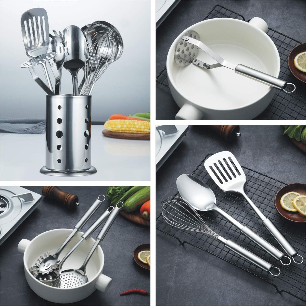 Berglander Cooking Utensil Set 8 Piece, Stainless Steel Kitchen Tool Set with Stand, Cooking Utensils, Slotted Spoon, Ladle, Skimmer, Serving Spoon, Pasta Server, Potato Masher, Egg Whisk（8 Pieces）