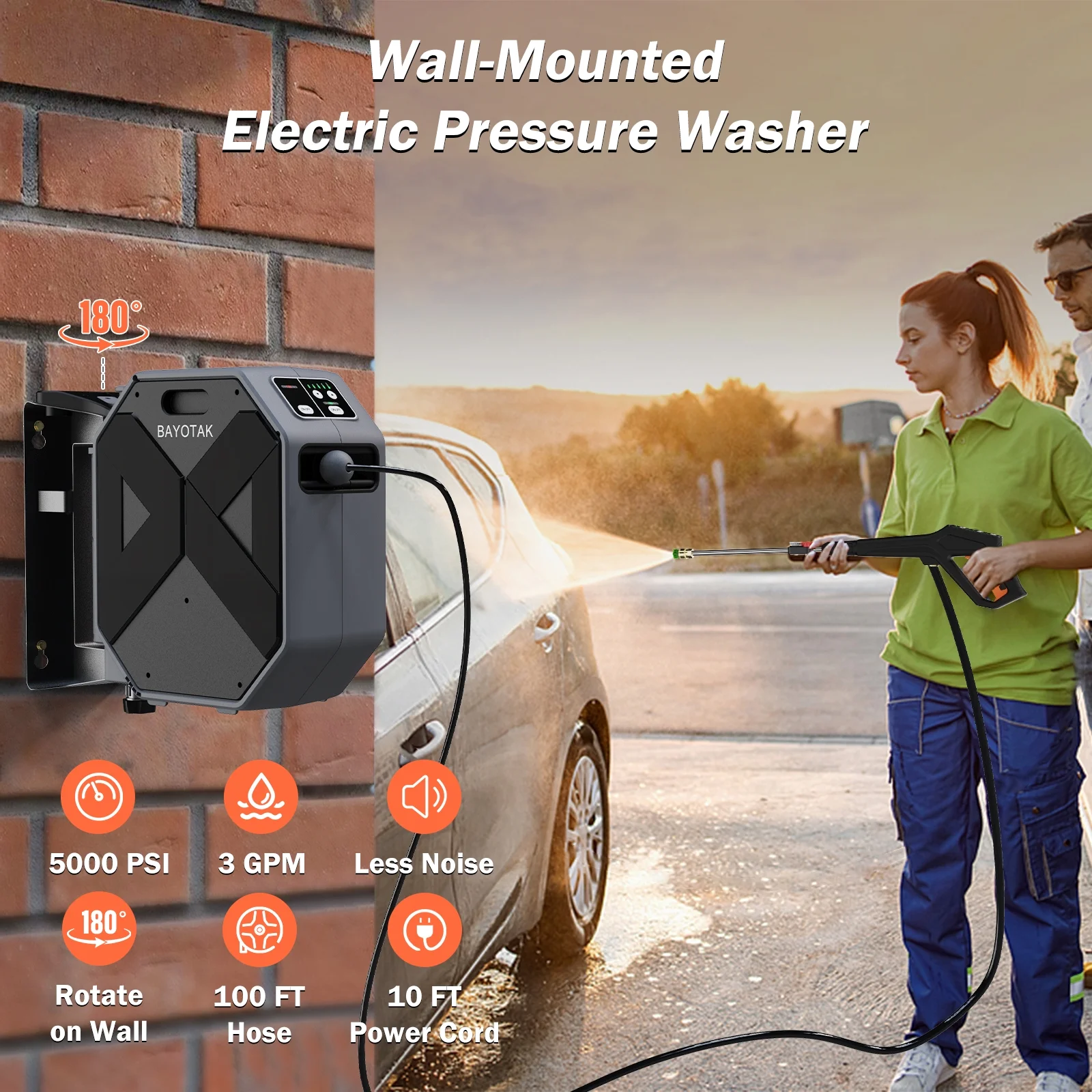Electric Pressure Washer, 5000 PSI 3.0 GPM Wall Mounted Power Washer, Remote Control with 100 FT Retractable Hose, Foam Cannon, Nozzles for Cars/Garage/Patio, Gray