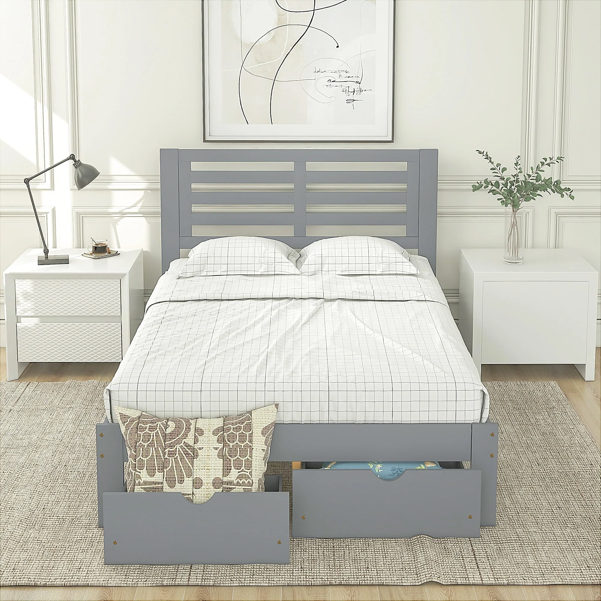 Platform Bed Frame Storage Bed with Headboard, Pine Wood Full Bed Frame for Bedroom, Modern Full Size Bed Frame with Drawers, Wood Slats Support, Holds 400 lb, No Box Spring Needed, Gray(Twin/Gray) - Image 10