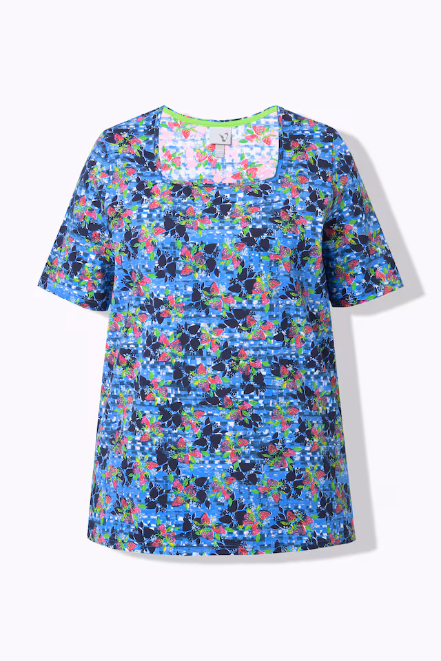 Checkered Strawberry Print Short Sleeve Square Neck Tee