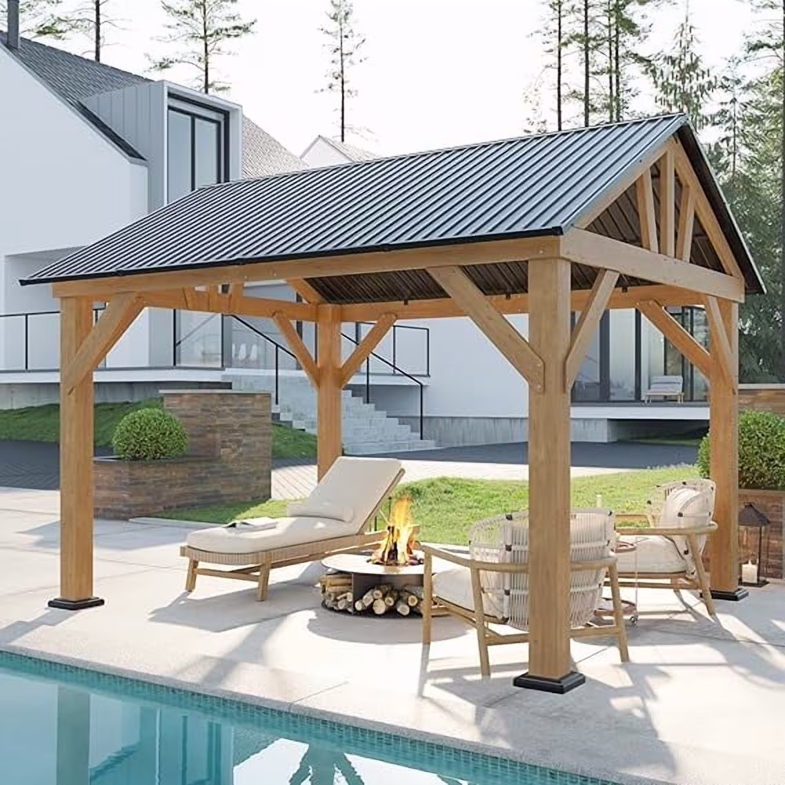 Jocisland 10x12 ft Wood Gazebo, Hardtop Pergola with Metal Steel Gable for Garden, Porch, Pati