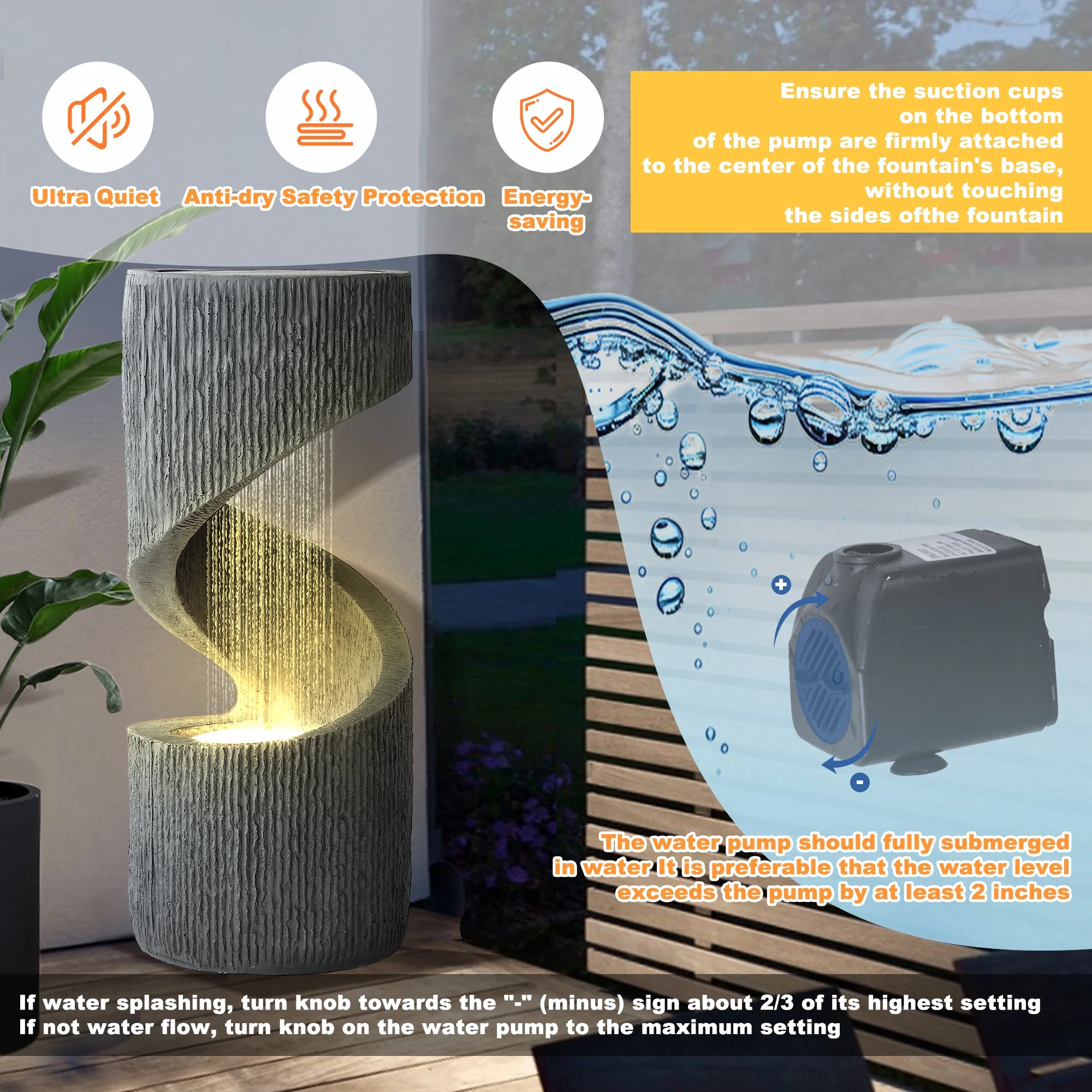 Outdoor S-Shaped Water Fountain, Spiral Waterfall Indoor Fountain Outside Garden Decor with LED Lights Pump, Curved Patio Resin Fountains for Yard, Deck, Porch and Home Decorations - Image 8