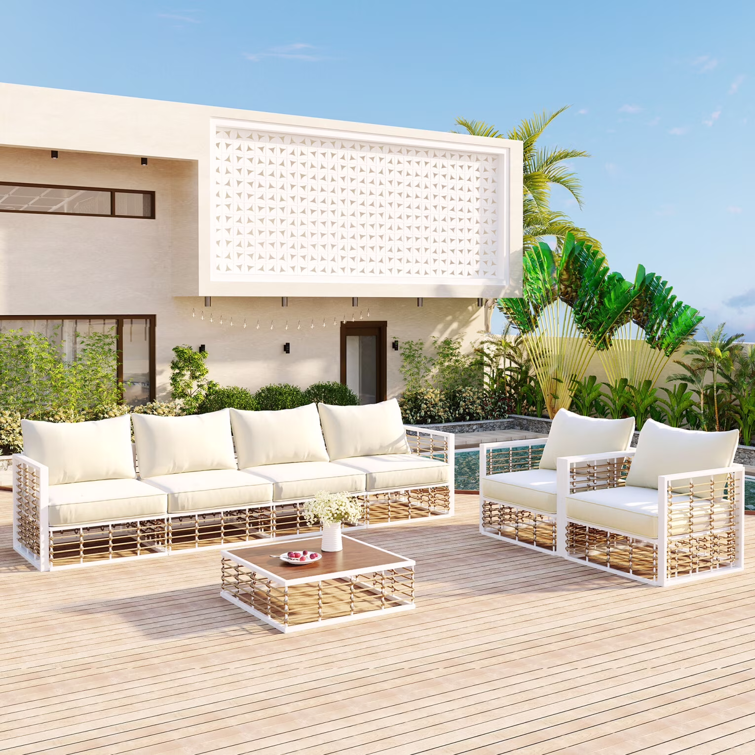 7 Pieces Metal Patio Sectional Furniture Set , Modern Minimalist Rattan Sofa Set with Thick Cushions and Coffee Table, All Weather Outdoor Patio Conversation Sets for Garden, Poolside, Backyard, Gray(Gray) - Image 3