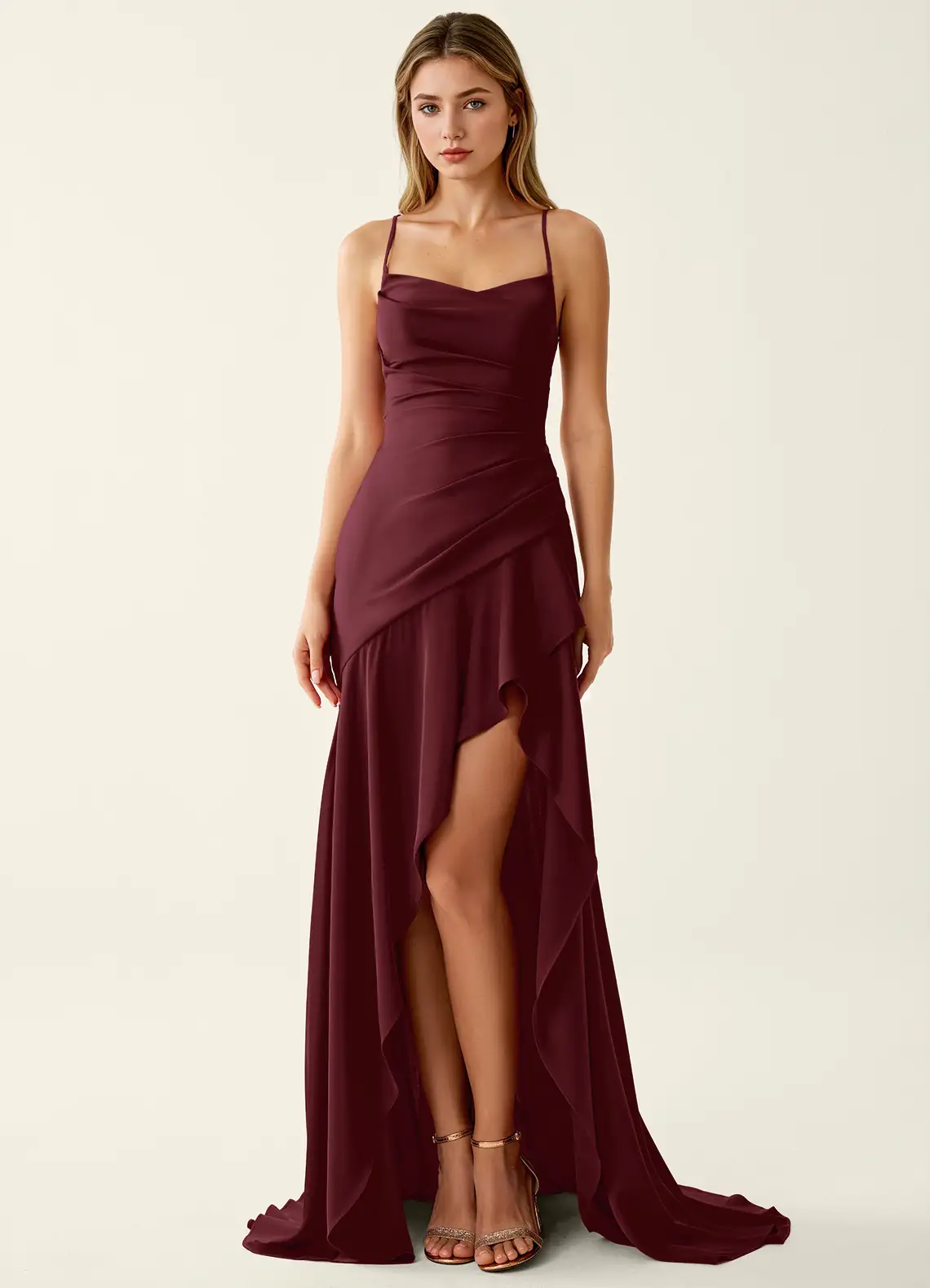 Annabella Rose Wine Satin Lace Up Back Prom Dress